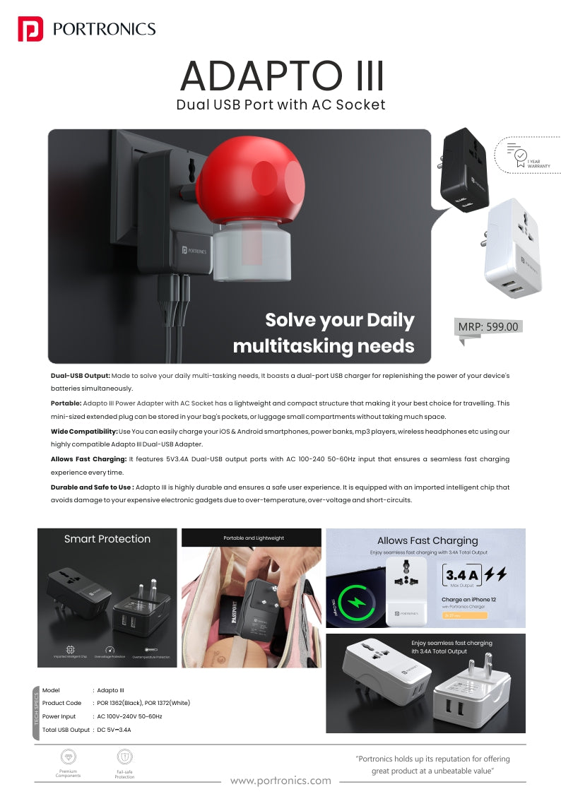 Portronics Adapto III : Dual-USB Adapter and AC Socket