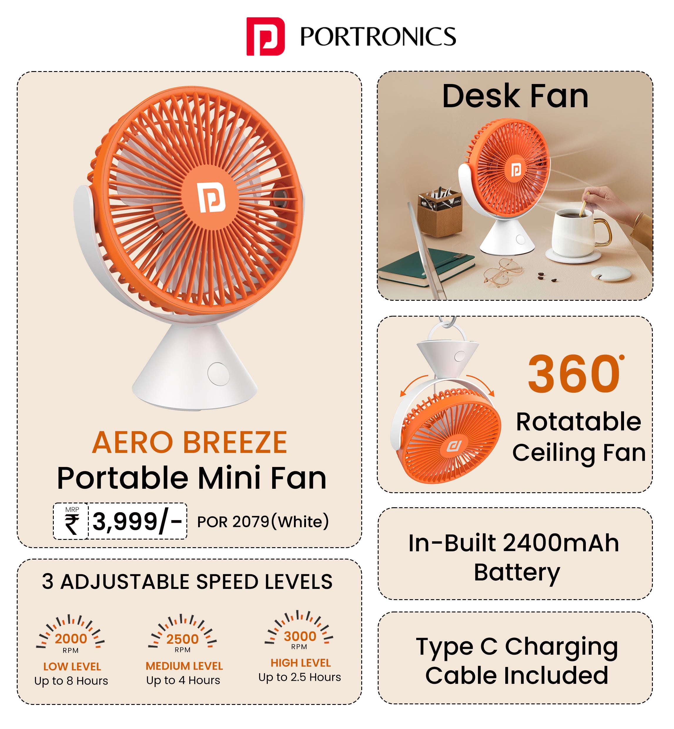 Buy Portronics Aero Breeze 2in1 Portable Ceiling & Table Fan