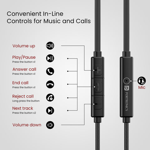 Portronics conch tune A wired earphone comes with volume and call button.