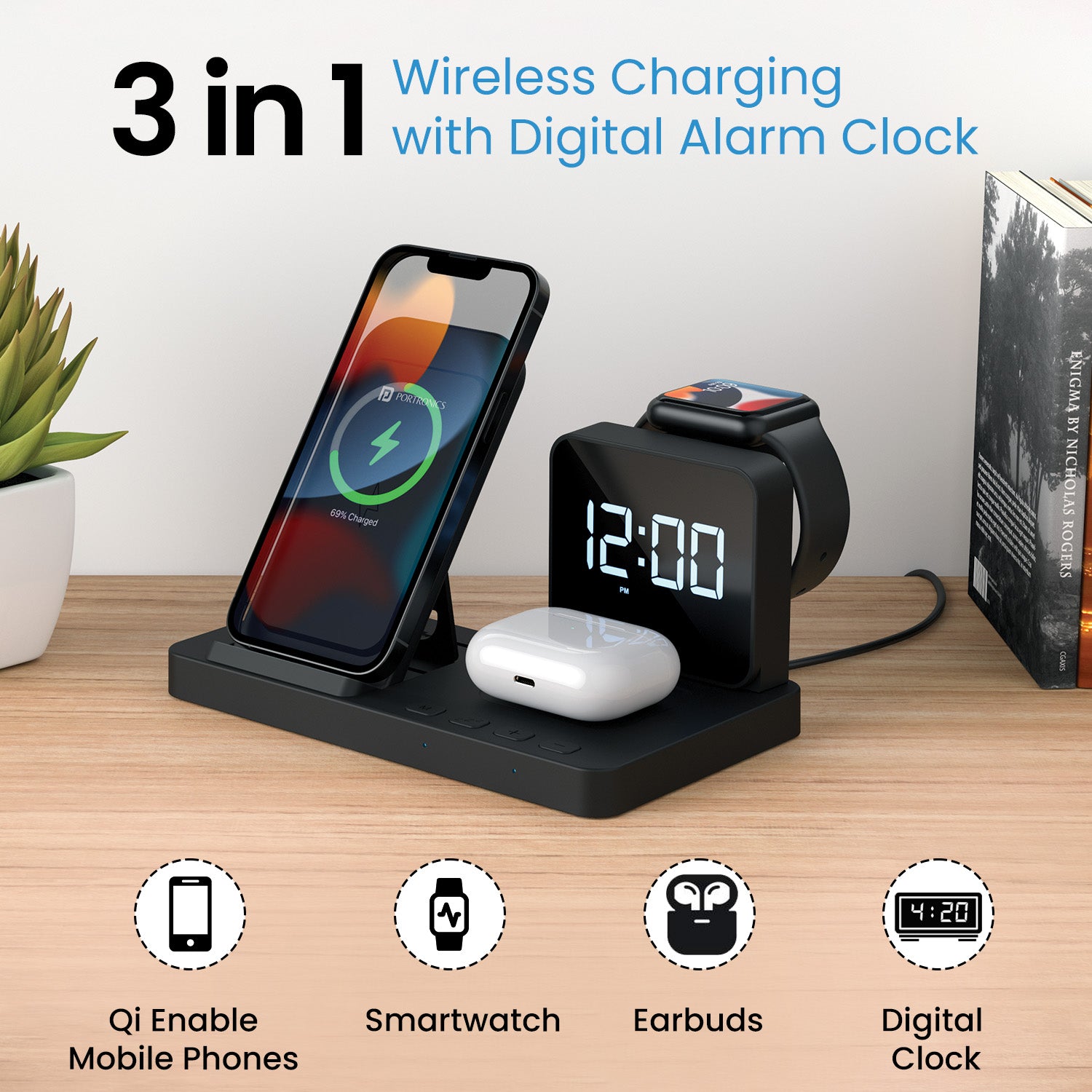 Buy Portronics Bella 3-in-1 Wireless Charger With Alarm Clock