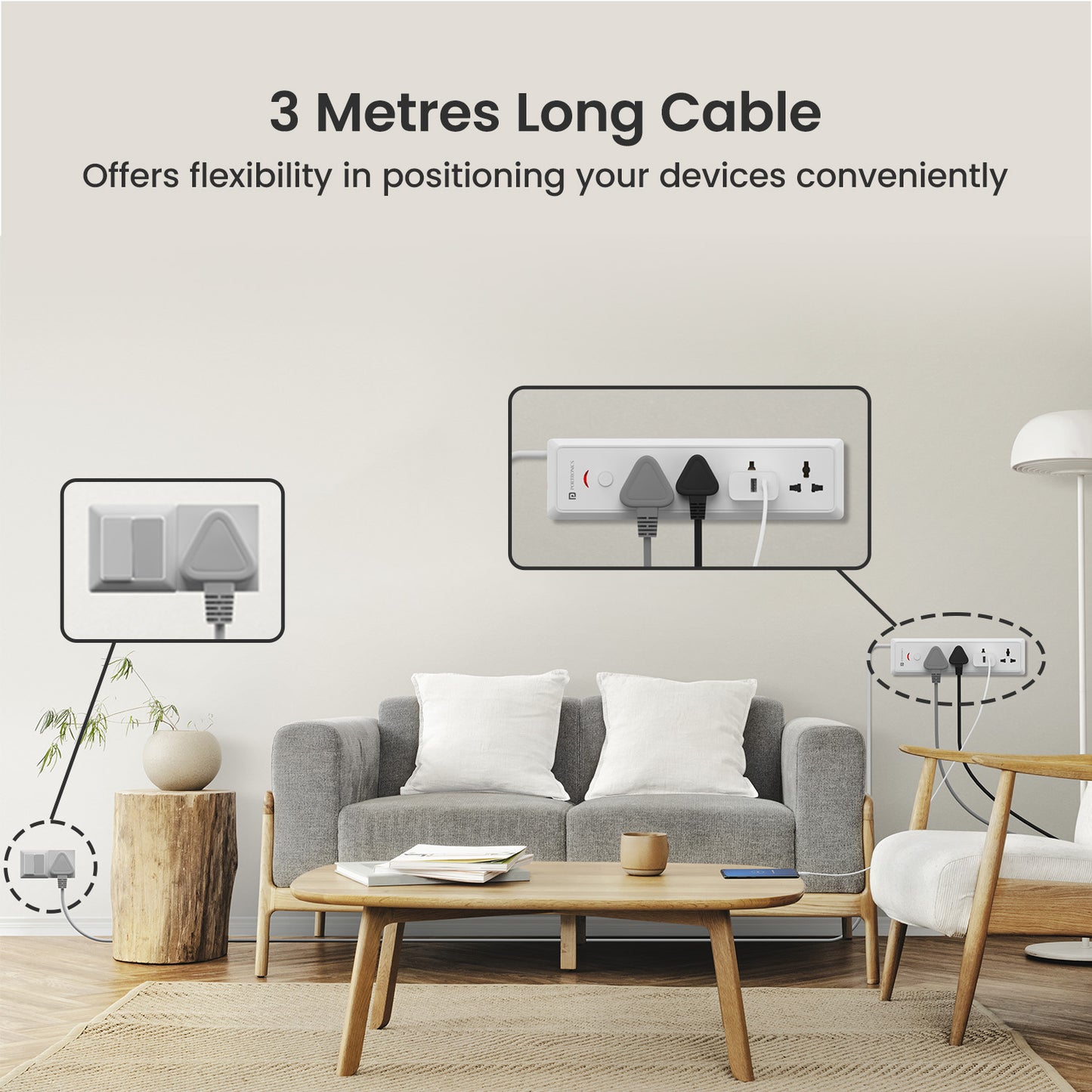 Portronics Power Plate 17 Power Extension Board with 3M durable cable. White