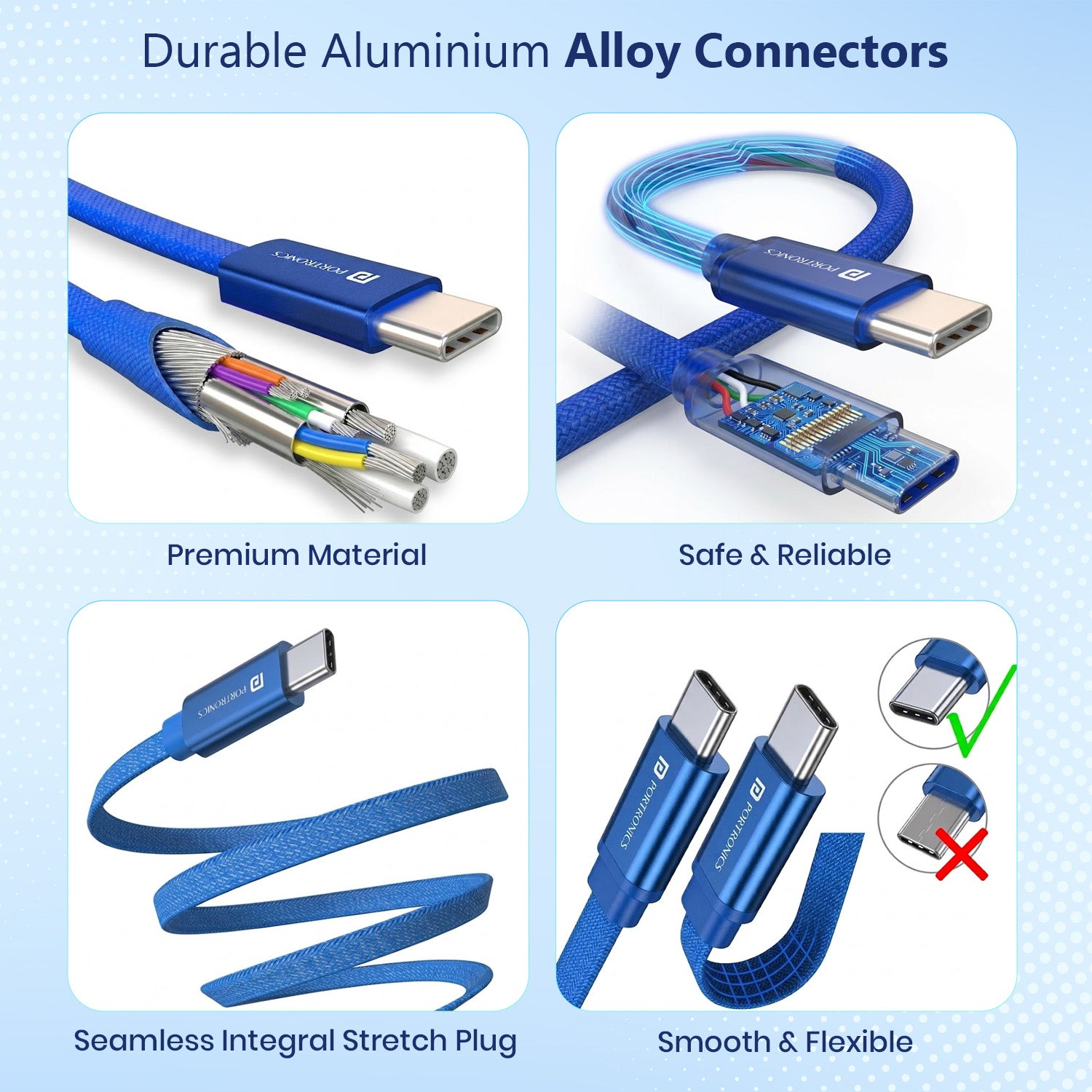 Blue Portronics Flatro Type C Cable with Premium Aluminium Alloy Connectors Long Lasting Durable Heat Resistant  