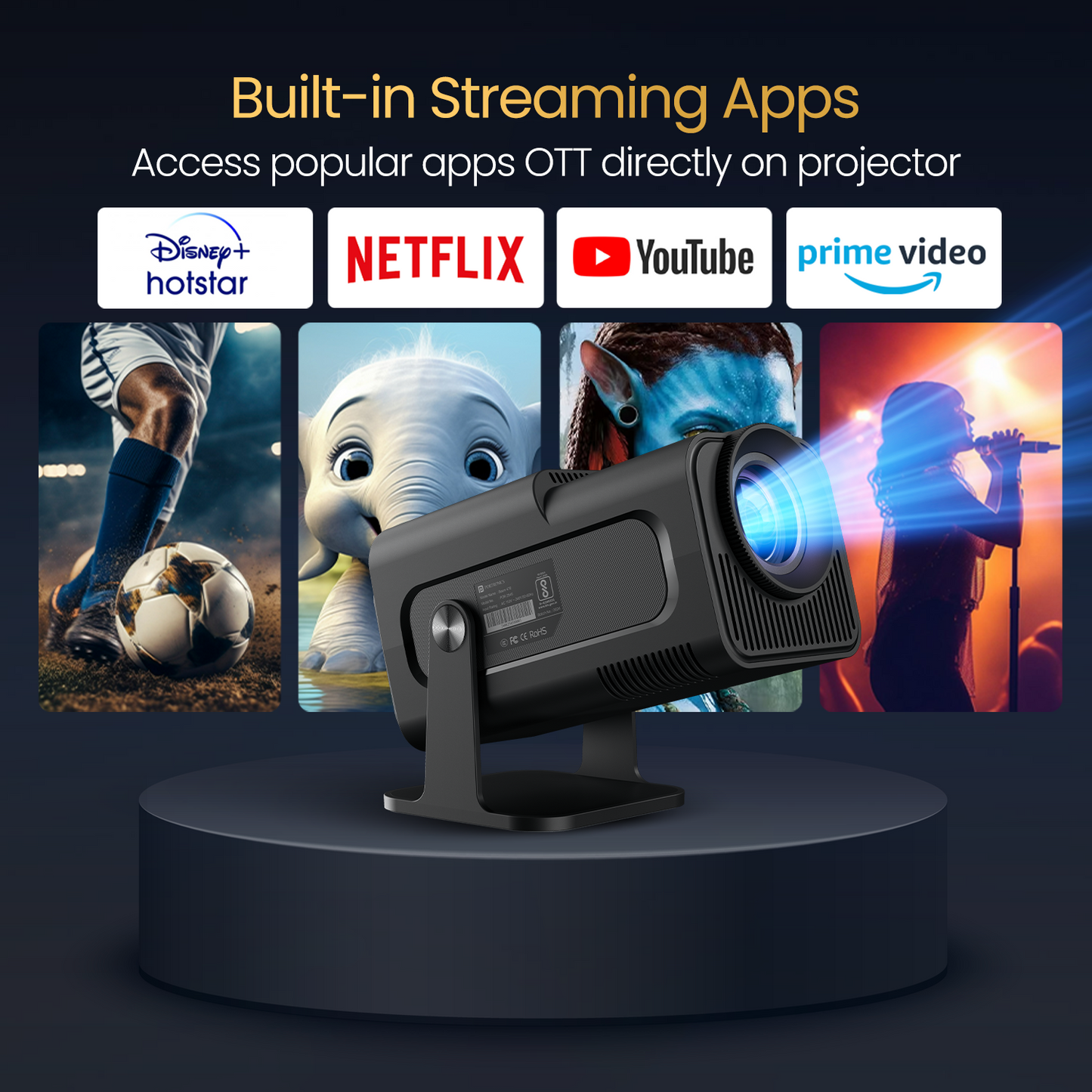Beem 470 portable smart projector for movies and streaming on large screens| best android projector with pre built app| android projector for home