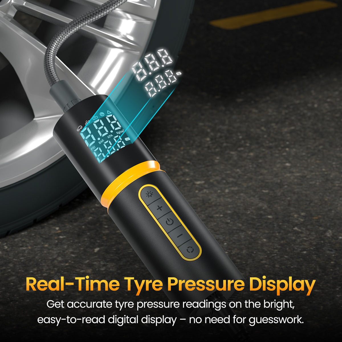 Best Portable Tyre Inflator for Car and Bike in India | Portronics Vayu 5.0 Lite | Compact USB Air Pump with 12V DC Corded Power, 150 PSI Pressure, Extra-Long 3-Meter Cable & Lightweight 540g Design | Ideal Travel Essential with Smart Pressure Monitoring, Digital LED Display & Multi-Use Sports Ball Inflation Nozzles