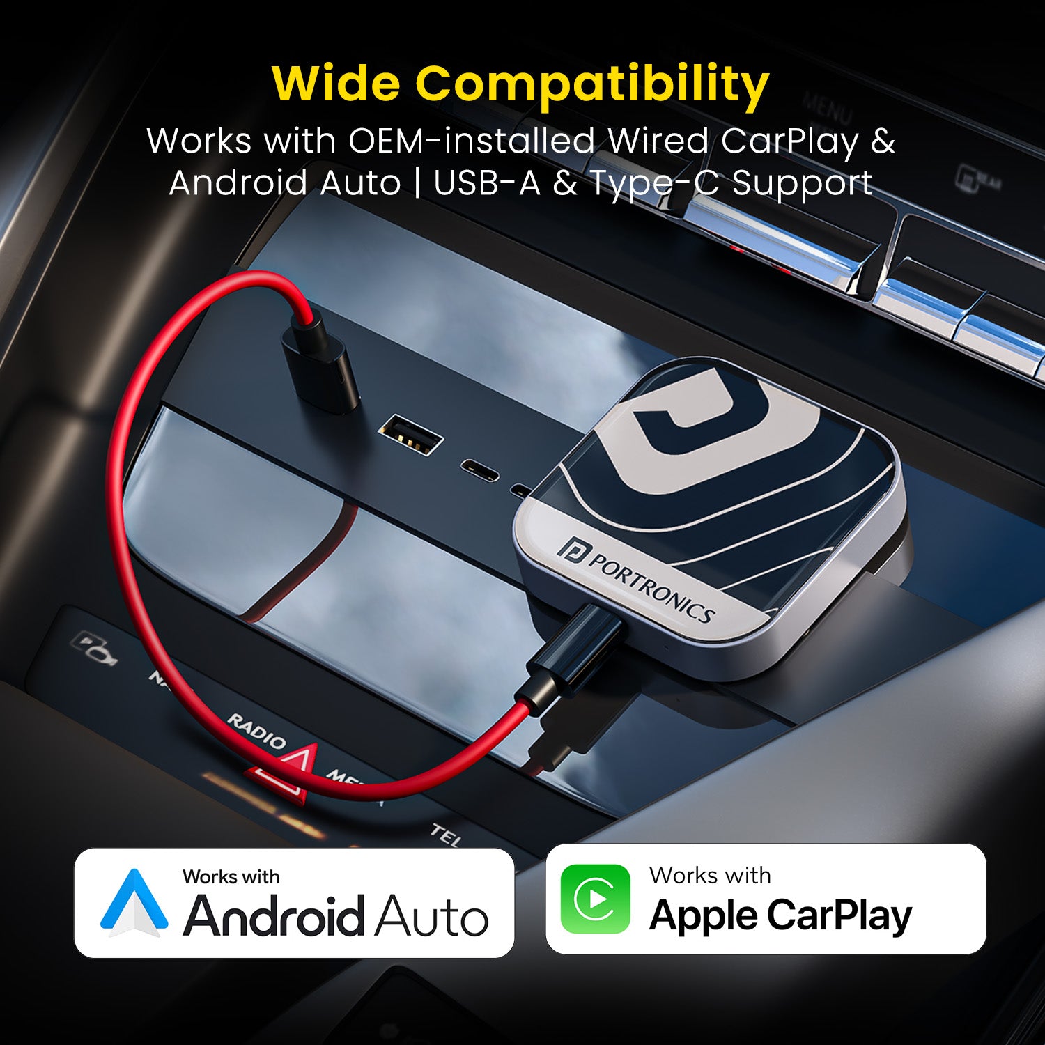 Bluetooth Receiver for Car USB | Portronics Tune Plus Wireless CarPlay Adapter and Android Auto Receiver | Features Dual-Band Wi-Fi for Stable Connection, TF Card Support, and Plug & Play USB Installation | Wireless Bluetooth Dongle for Car with Dual USB Ports and Smart Entertainment Access