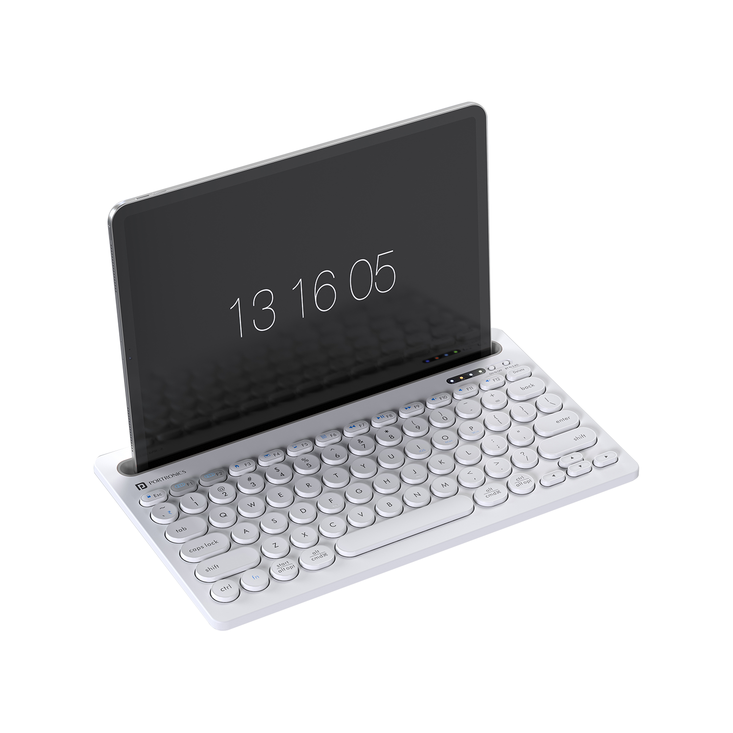 White Bubble Dock Bluetooth keyboard for tablet, a lightweight yet powerful keyboard with a built-in holder slot for added convenience.