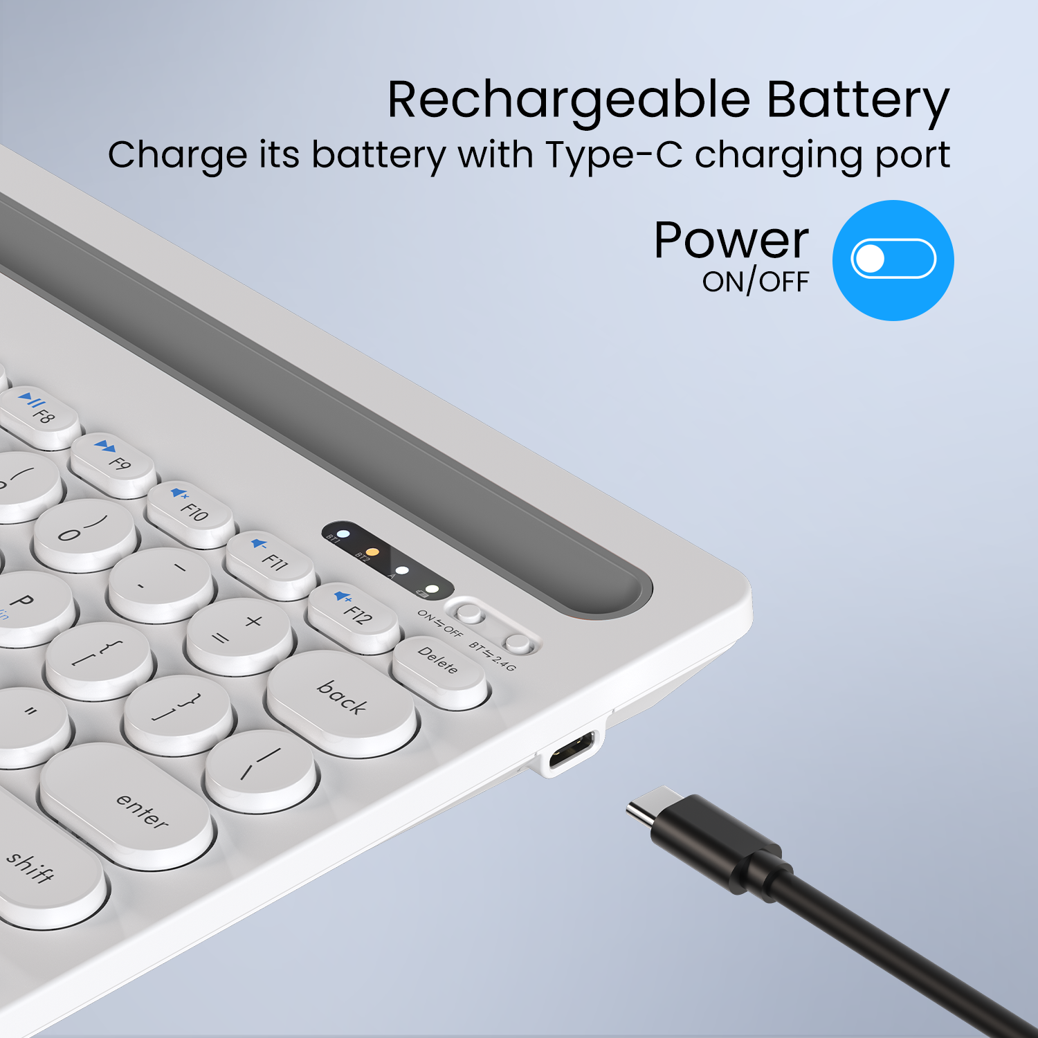 White Bubble Dock rechargeable keyboard with a space-saving TKL layout, eliminating unnecessary bulk while maintaining comfortable key spacing