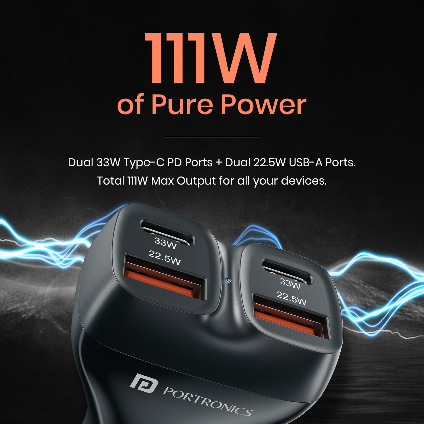 Car Power Quard 111W | QC + Dual USB Fast Car Charger | iPhone, Android & Type-C Car Charger Adapter | Car Dashboard Accessories