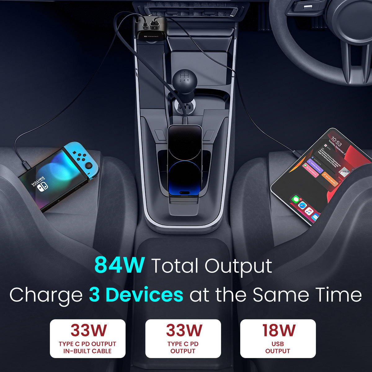 Portronics Car Power Retracto car charger with dual port usb hub| best car accessories| car charger with 84w output| best car charger to charger 3 devices at once