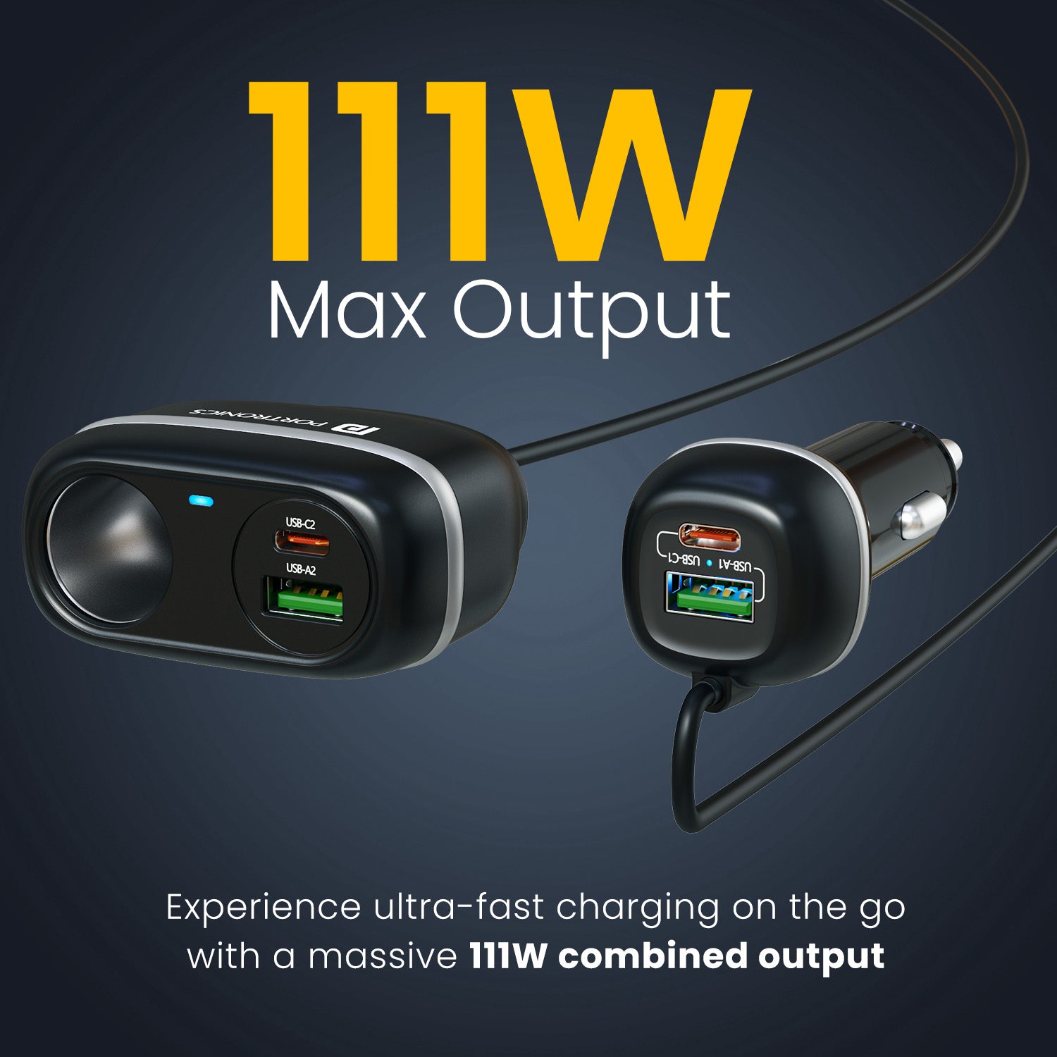 Car Power Trail multi-device car charger featuring dual 30W Type-C PD ports, dual 22.5W USB-A ports, and universal compatibility for all vehicles.