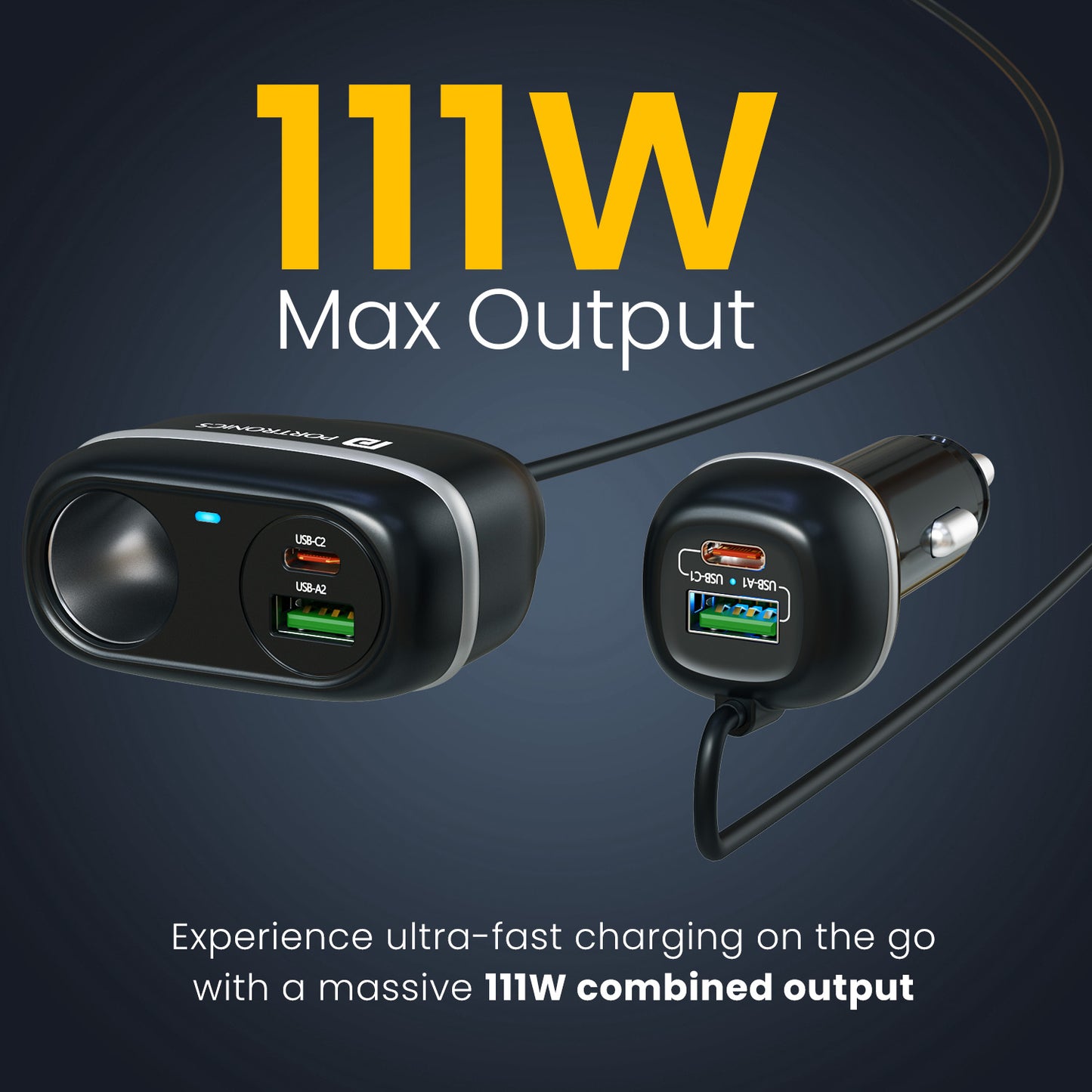 Car Power Trail multi-device car charger featuring dual 30W Type-C PD ports, dual 22.5W USB-A ports, and universal compatibility for all vehicles.