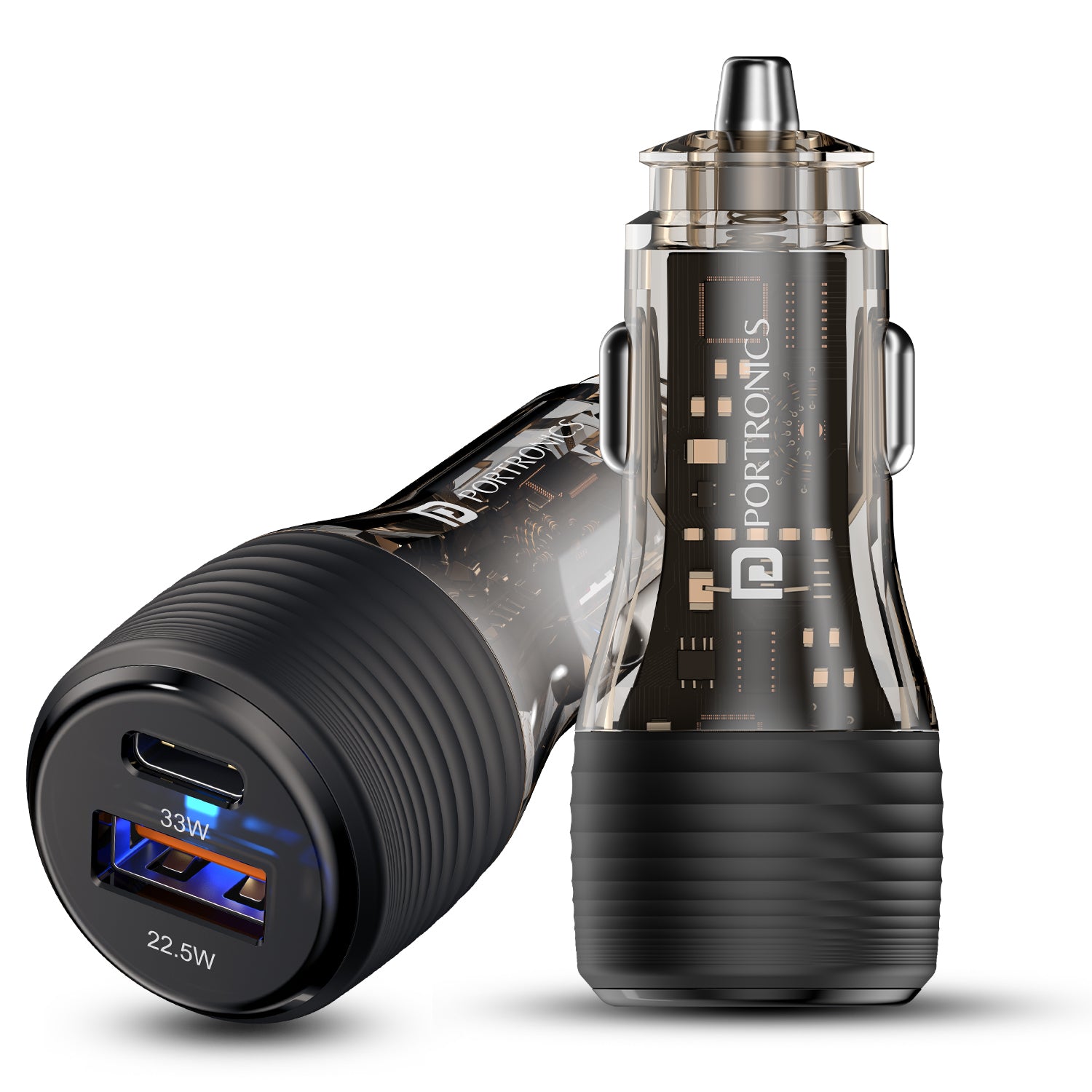 Car Power View Plus 55.5W dual USB fast car charger adapter for iPhone and Android, transparent body, ideal car dashboard accessory for fast charging.