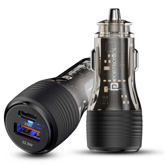 Car Power View Plus 55.5W dual USB fast car charger adapter for iPhone and Android, transparent body, ideal car dashboard accessory for fast charging.