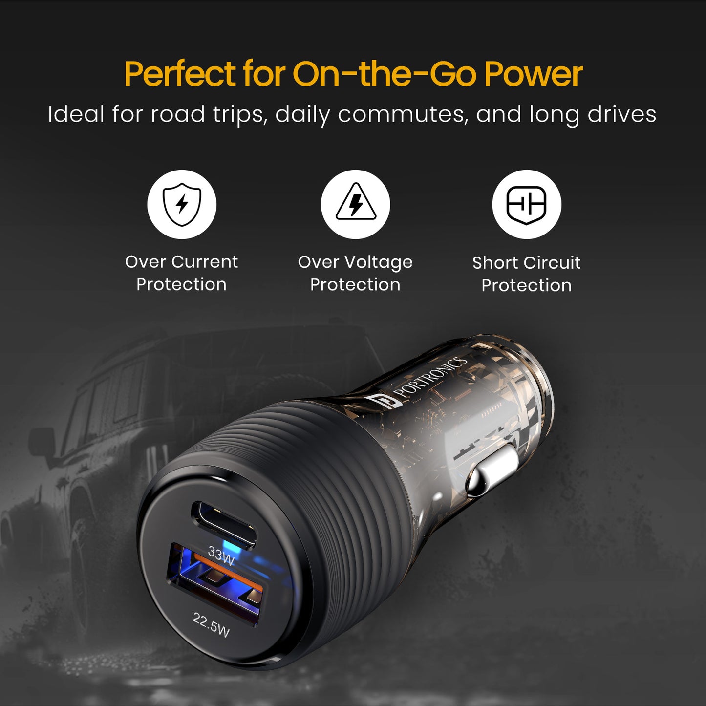 Car Power View Plus by Portronics, dual USB port 55.5W car charger for fast charging iPhone, Android devices, smartwatches, and car power solutions.