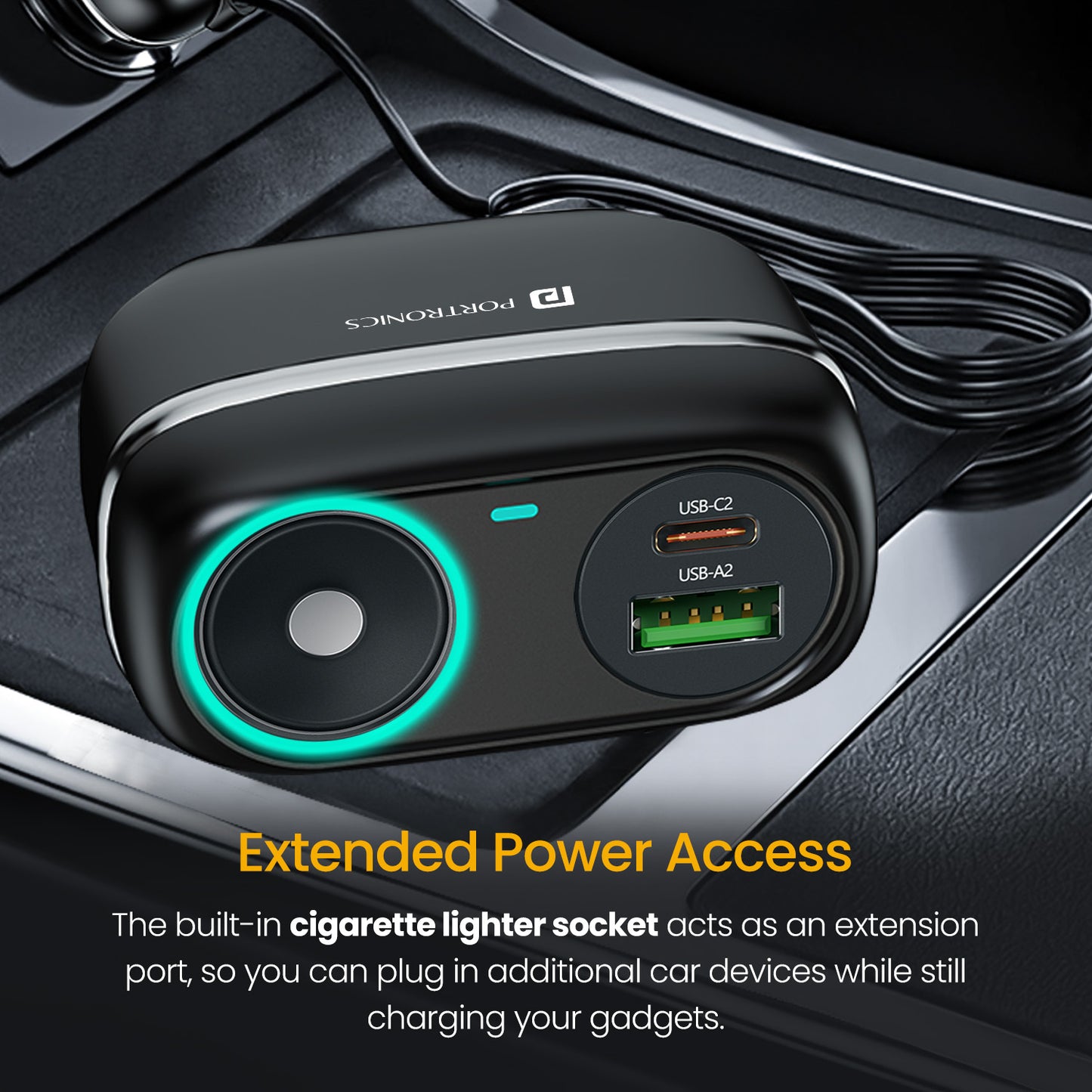Extended cable Portronics car charger enabling simultaneous charging of four devices for front and rear seat passengers, ideal for long journeys and family trips.