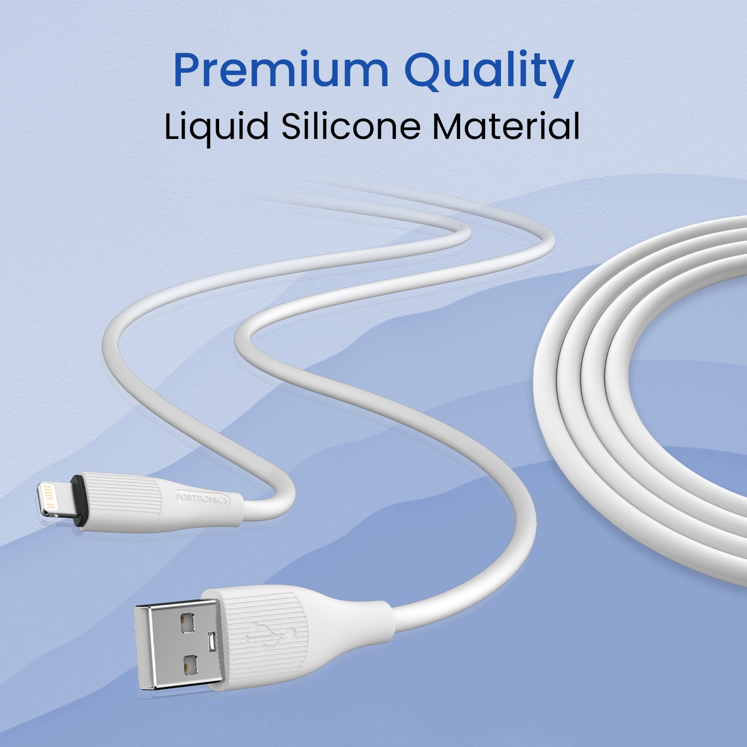 Fast-charging Portronics Silklink iPhone cable, silicone build with tangle-free structure, 20W USB to Lightning for iPhones, iPads, and other Apple devices.