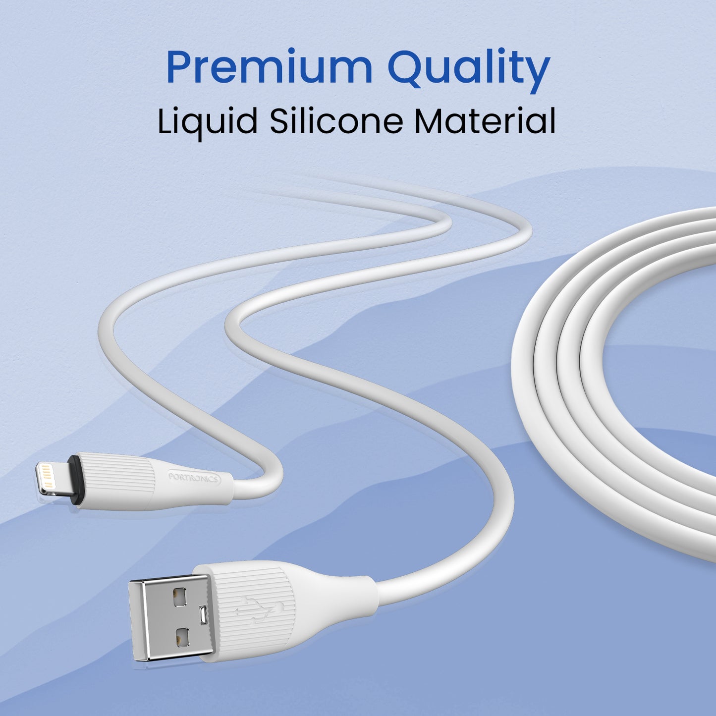 Fast-charging Portronics Silklink iPhone cable, silicone build with tangle-free structure, 20W USB to Lightning for iPhones, iPads, and other Apple devices.