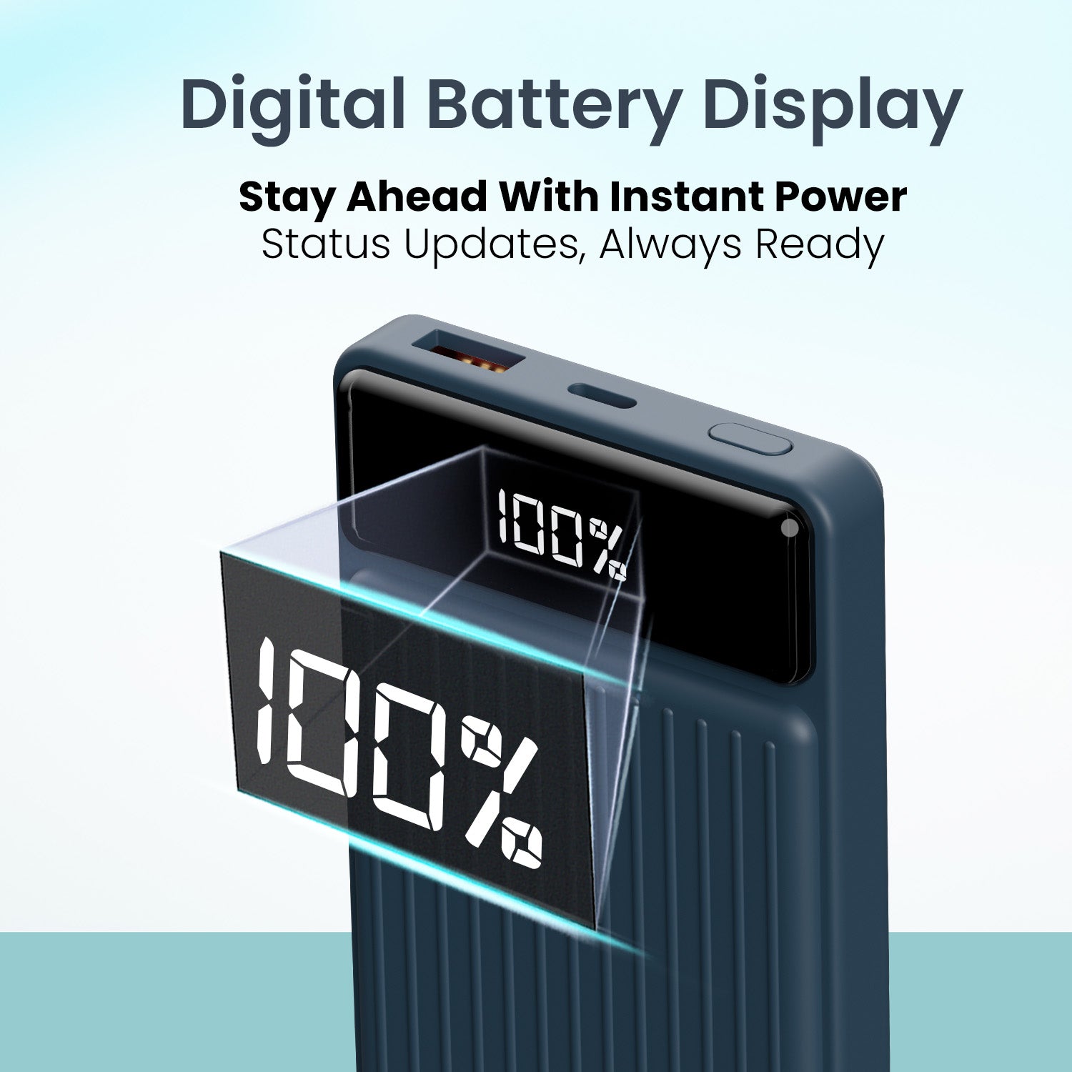 Blue Fast charging Portronics Luxcell B 10000mAh power bank with elegant transparent display, 2-in-1 functionality, and efficient power delivery