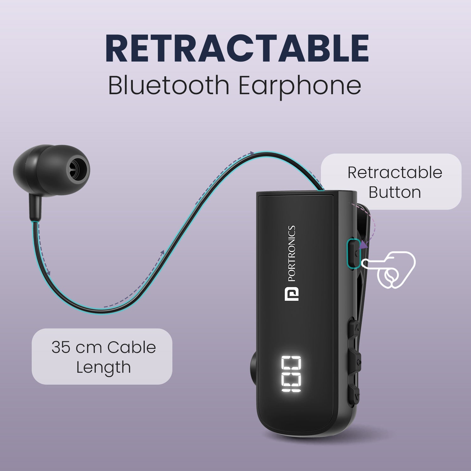 Harmonics Klip 7 Calling Earphone | Retractable Bluetooth Earphone with ENC, Long Battery Life & Digital Battery Display | Portronics Wireless Bluetooth Headsets