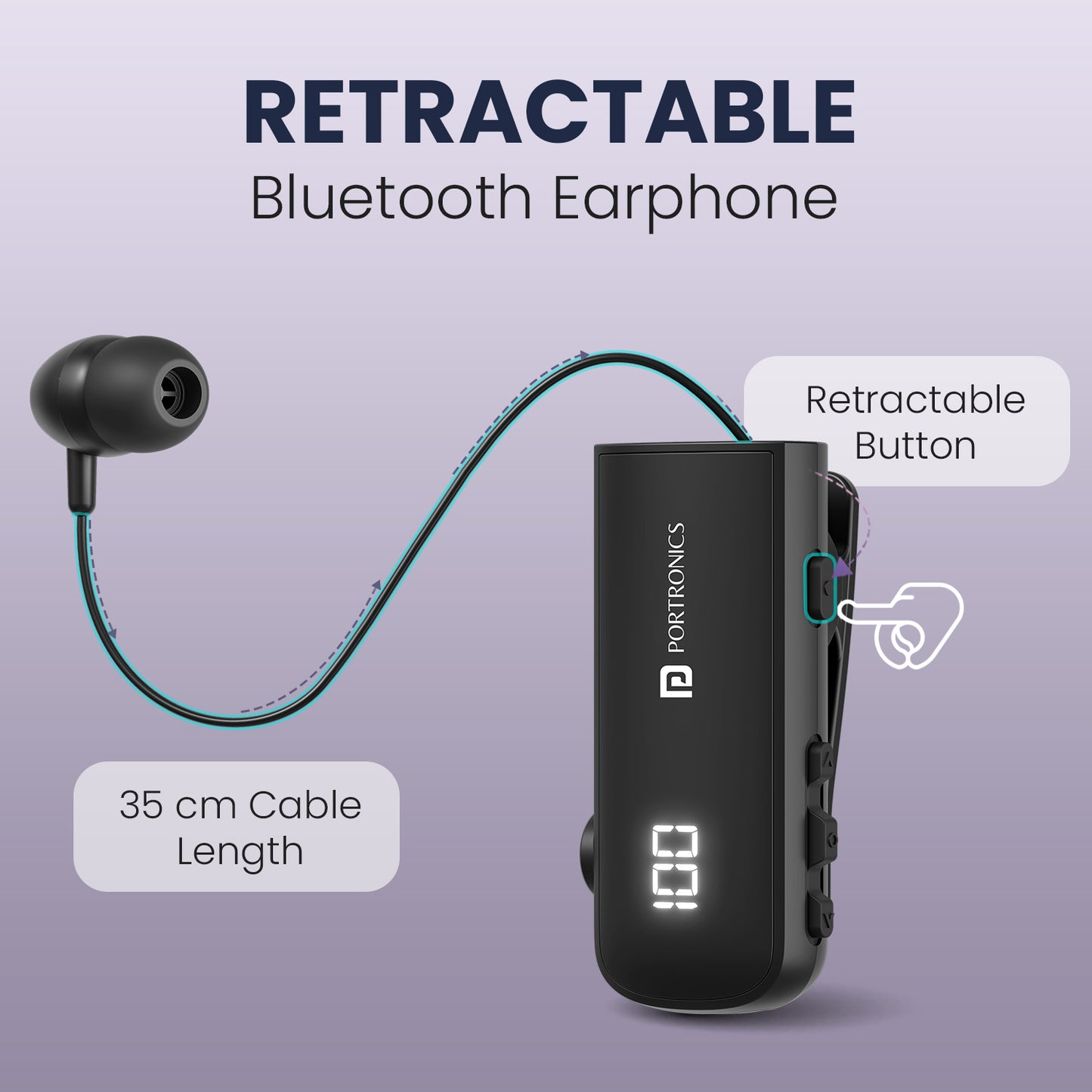 Harmonics Klip 7 Calling Earphone | Retractable Bluetooth Earphone with ENC, Long Battery Life & Digital Battery Display | Portronics Wireless Bluetooth Headsets