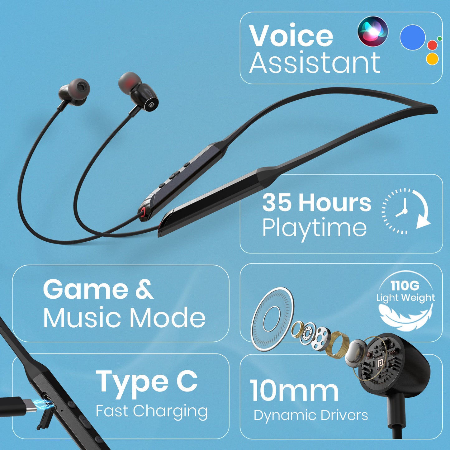 Black Harmonics Z12 wireless earphones neckband with inline control buttons for volume adjustment, calls and easy music track management| wireless neckband with voice assistant