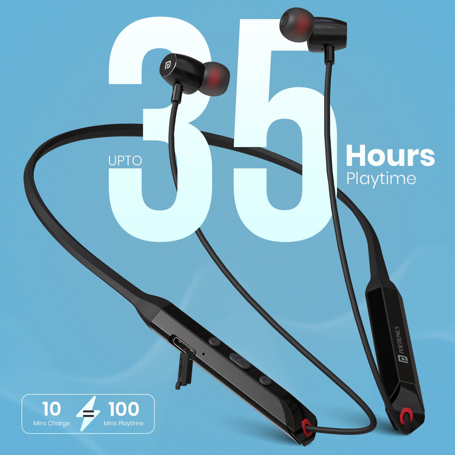 Black Harmonics Z12 bluetooth neckband with 35 hours playtime and flexible lightweight design for all-day comfort and sports use.