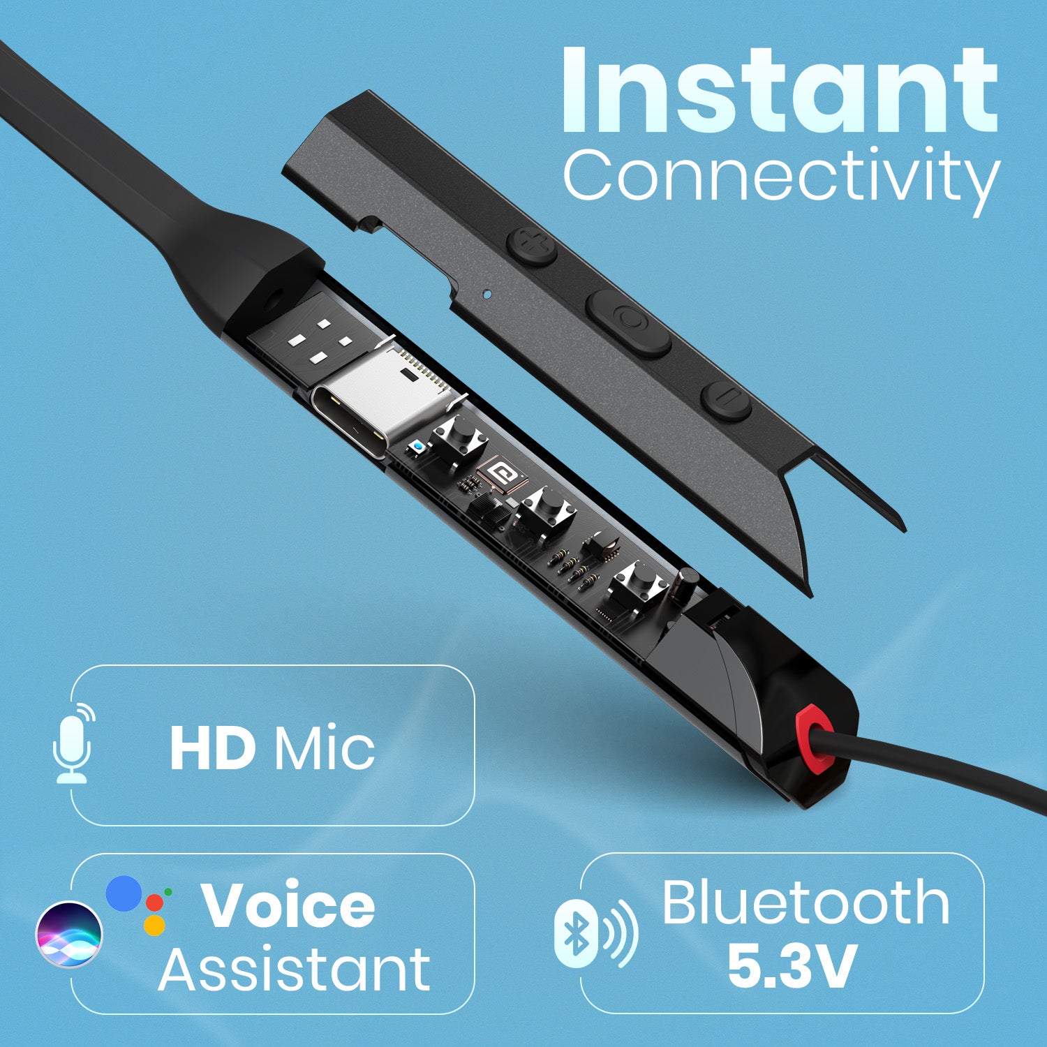 Black Harmonics Z12 bluetooth neckband with instant connectivity featuring Bluetooth 5.3 technology and voice assistant support compatibility.