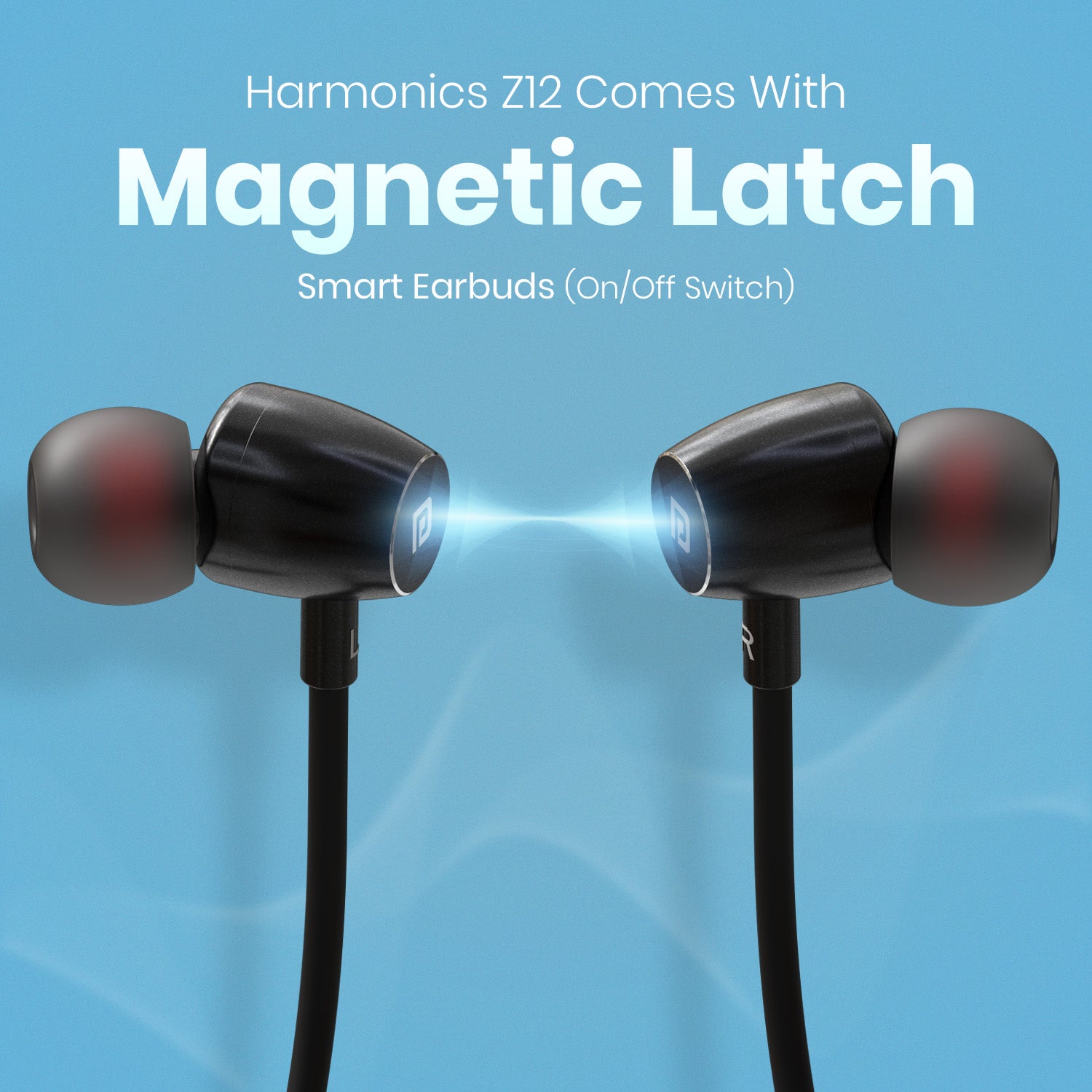 Black Harmonics Z12 neckband headphones magnetic latch feature with smart on-off functionality for convenient power saving and storage.