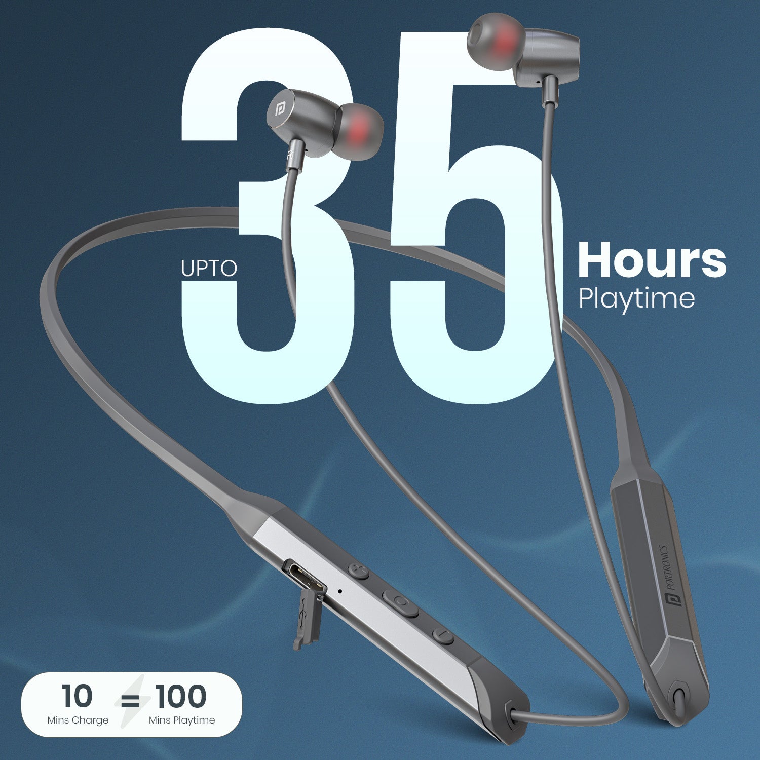 Grey Harmonics Z12 sports neckband feature 35 hours playtime, voice assistant and game music dual mode functionality.
