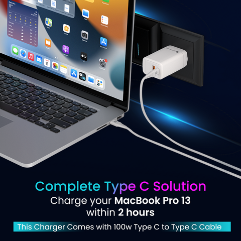 Portronics Adapto 65 Plus 65w fast wall charger with dual ports and Type c to type c cable