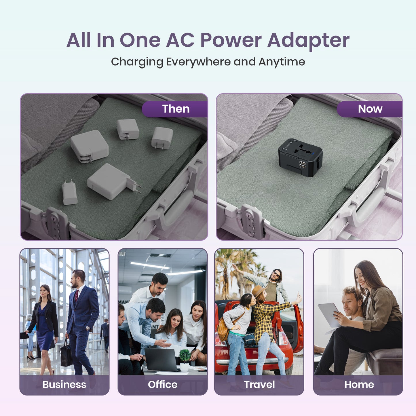 JuiceMate 2 Dual-USB Travel Adapter designed to be lightweight and portable, easily fitting into carry-ons for convenient charging on business and leisure trips