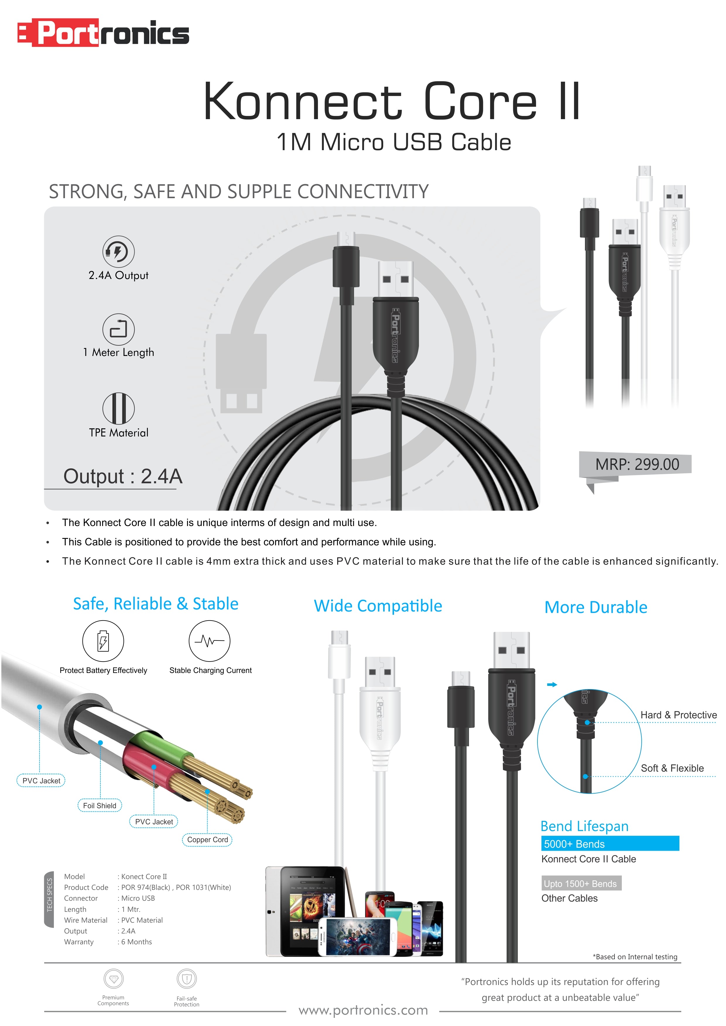Konnect Core II - A to L Cable PVC 1M 3A — Portronics