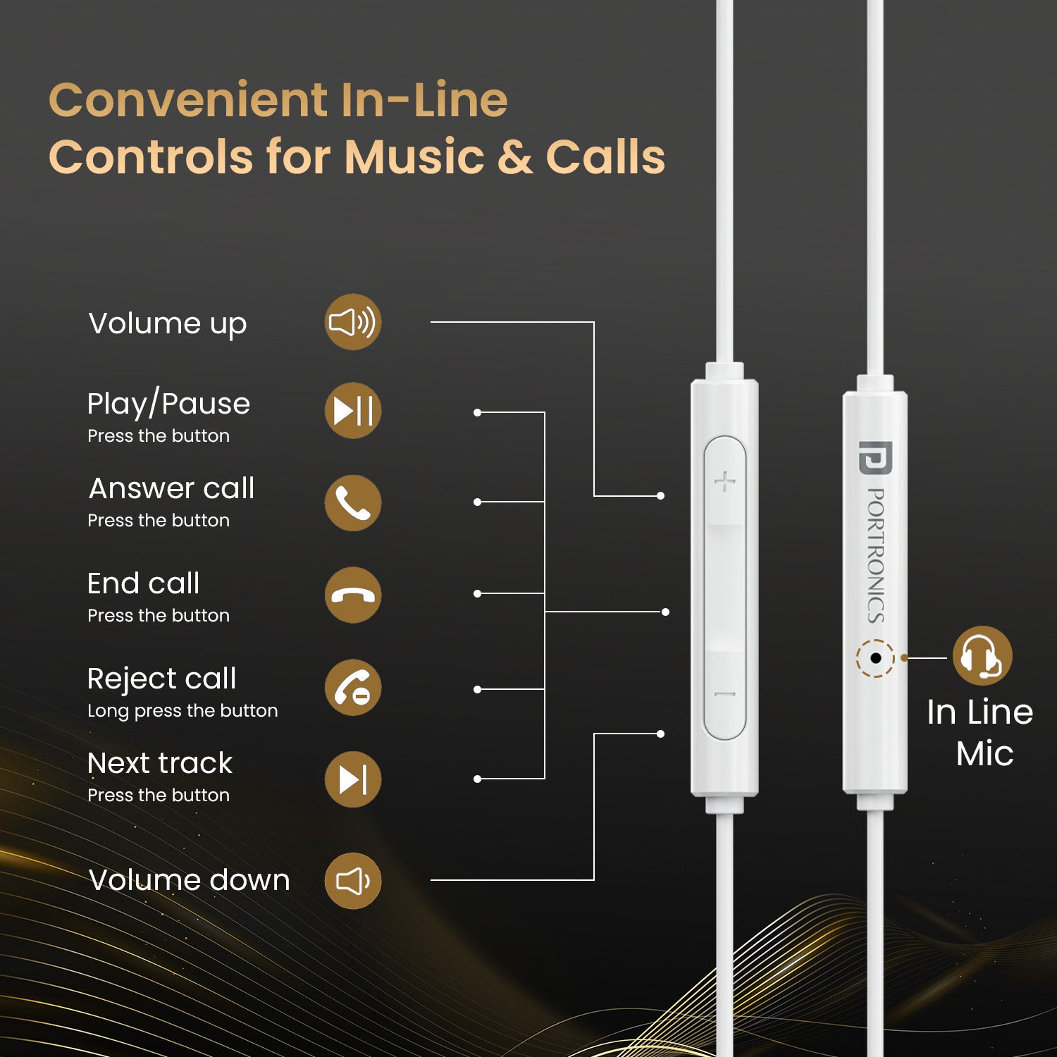 white Laptop wired earphones – Portronics Conch Theta A with built-in mic, ergonomic fit, and anti-skid earbuds for long listening session