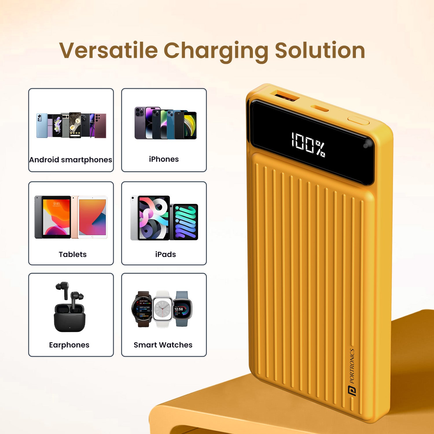 Yellow Luxcell B 10000mAh fast-charging power bank by Portronics, featuring LED battery indicator and two-port output for phones, tablets, and more