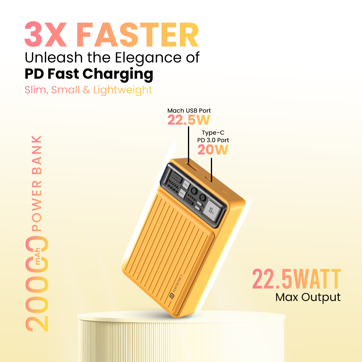 Yellow Stylish Luxcell Mini 20K power bank for students and professionals, with 22.5 Watt maximum output and robust chip protection layers