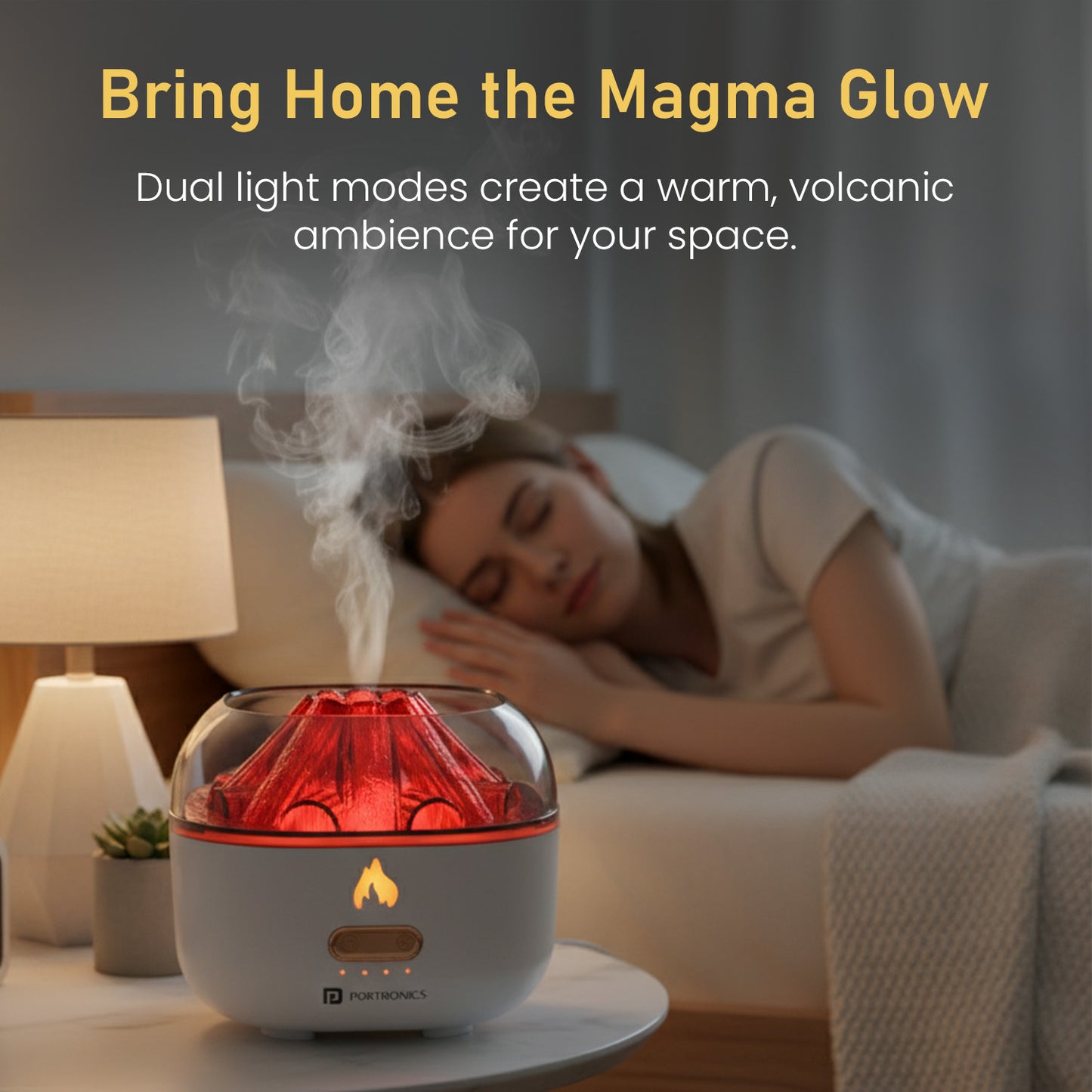 Magma Pro Cool Mist Humidifier by Portronics | Dual Light Modes with Volcanic Steam Effect | Whisper-Quiet Air Humidifier for Babies’ Cough and Sleep | Aromatherapy-Ready Humidifier for Bedroom & Office Spaces