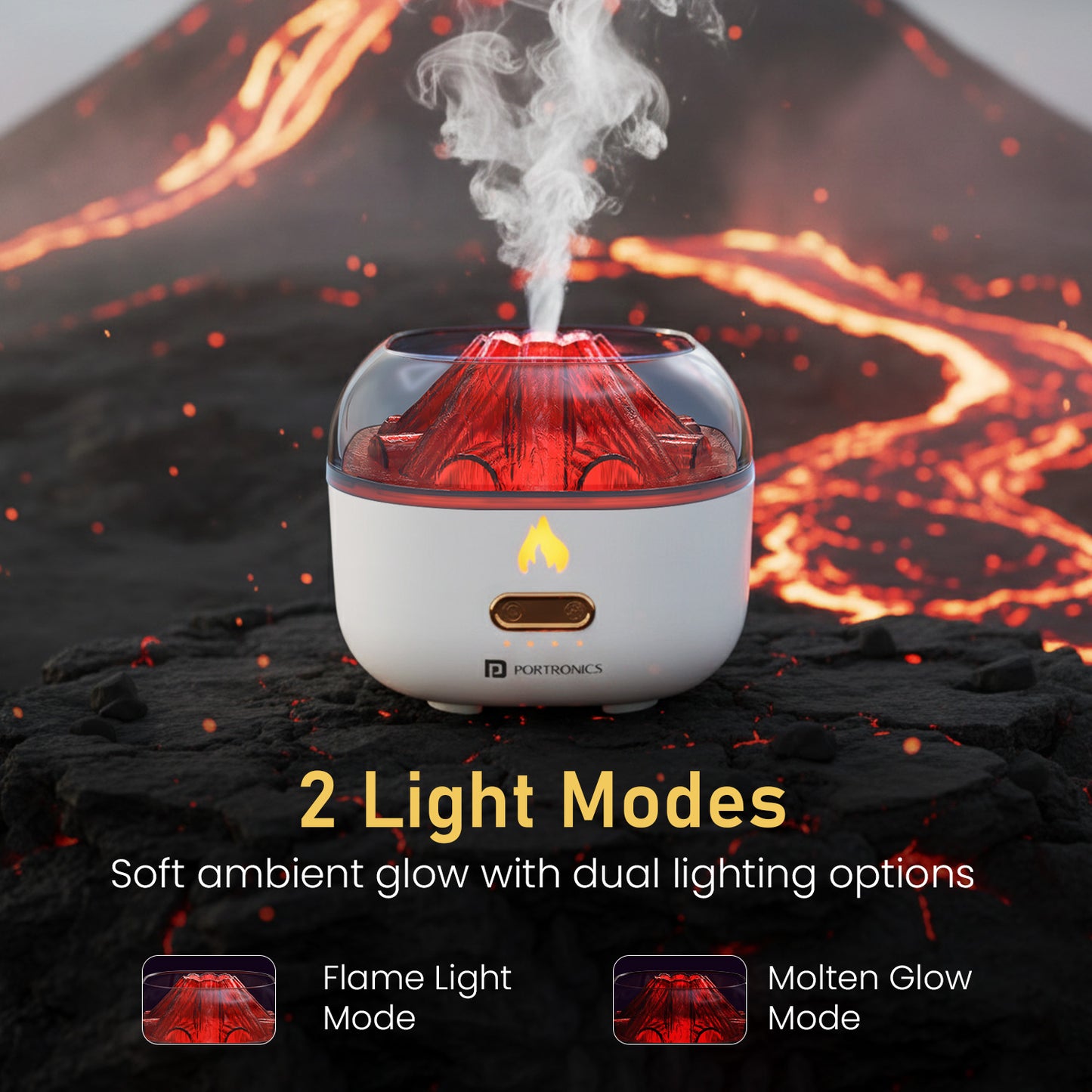 Magma Pro Water Mist Humidifier by Portronics | Dual Light Mode Flame & Molten Glow Night Lamp | Compact Cool Mist Humidifier for Babies’ Cough, Rooms, and Offices | Soothing Aromatherapy Diffuser for Calm Ambience