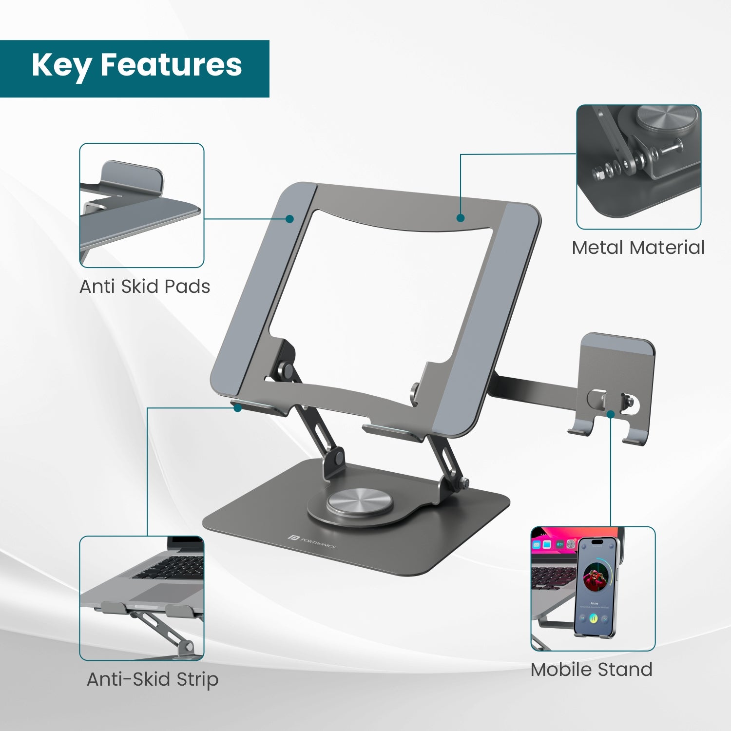 My Buddy K9 Pro Laptop Stand for Desk | Portronics Foldable & Adjustable Metal Stand | Dual Holder for Laptop & Mobile