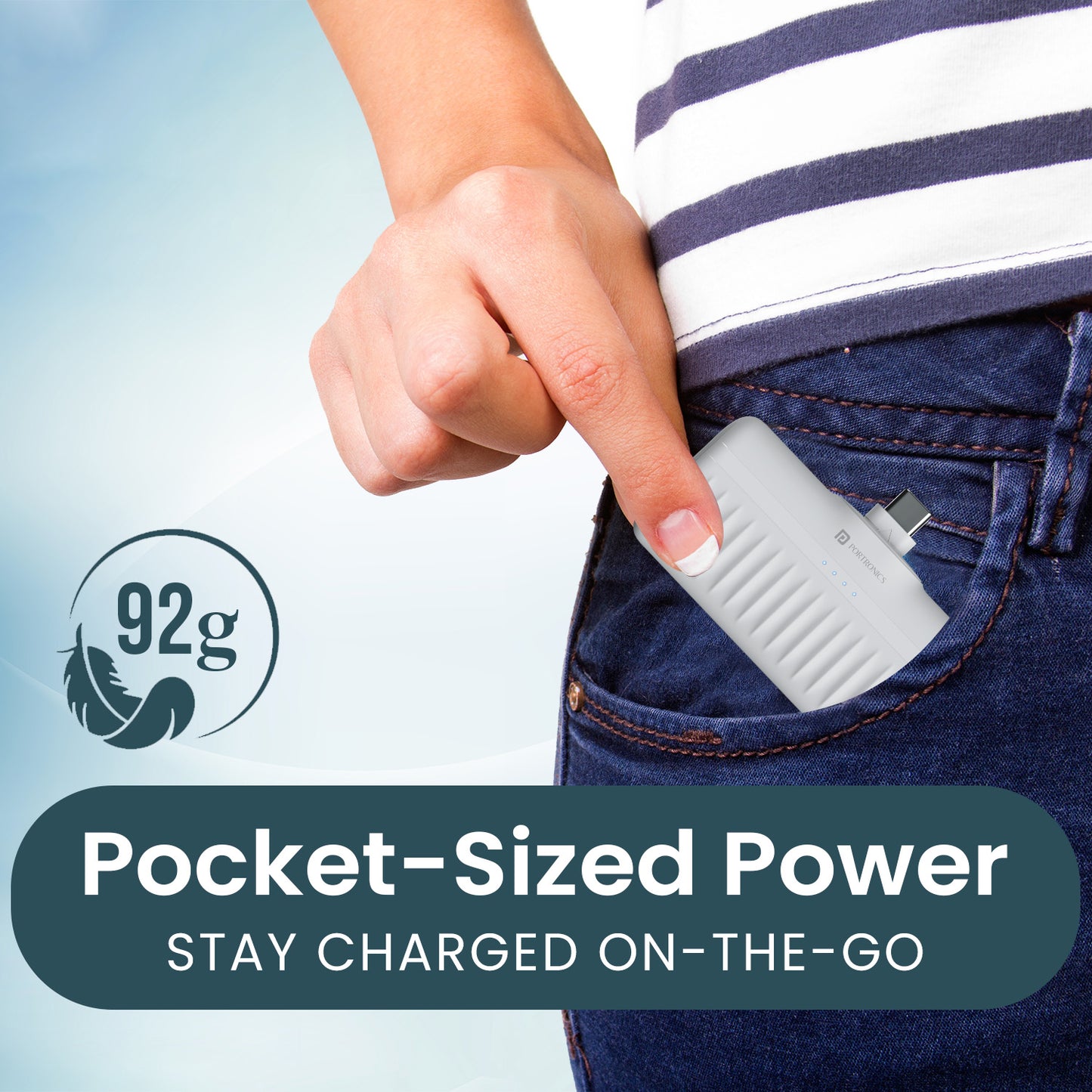 White Pocket power bank Portronics 5000mAh Pebble variant engineered for mobile charging, slim profile, reliable backup, and includes LED battery display and warranty