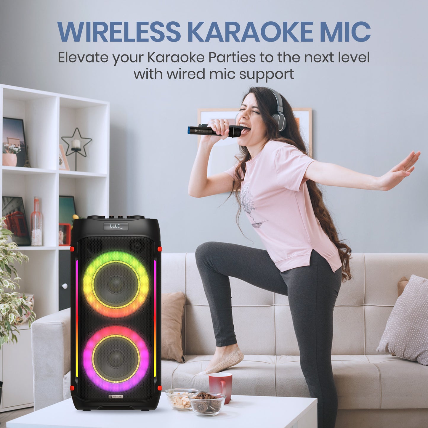 Portable karaoke mic speaker Portronics Iron Beats IV featuring RGB lights that sync with music beats and create vibrant party vibes