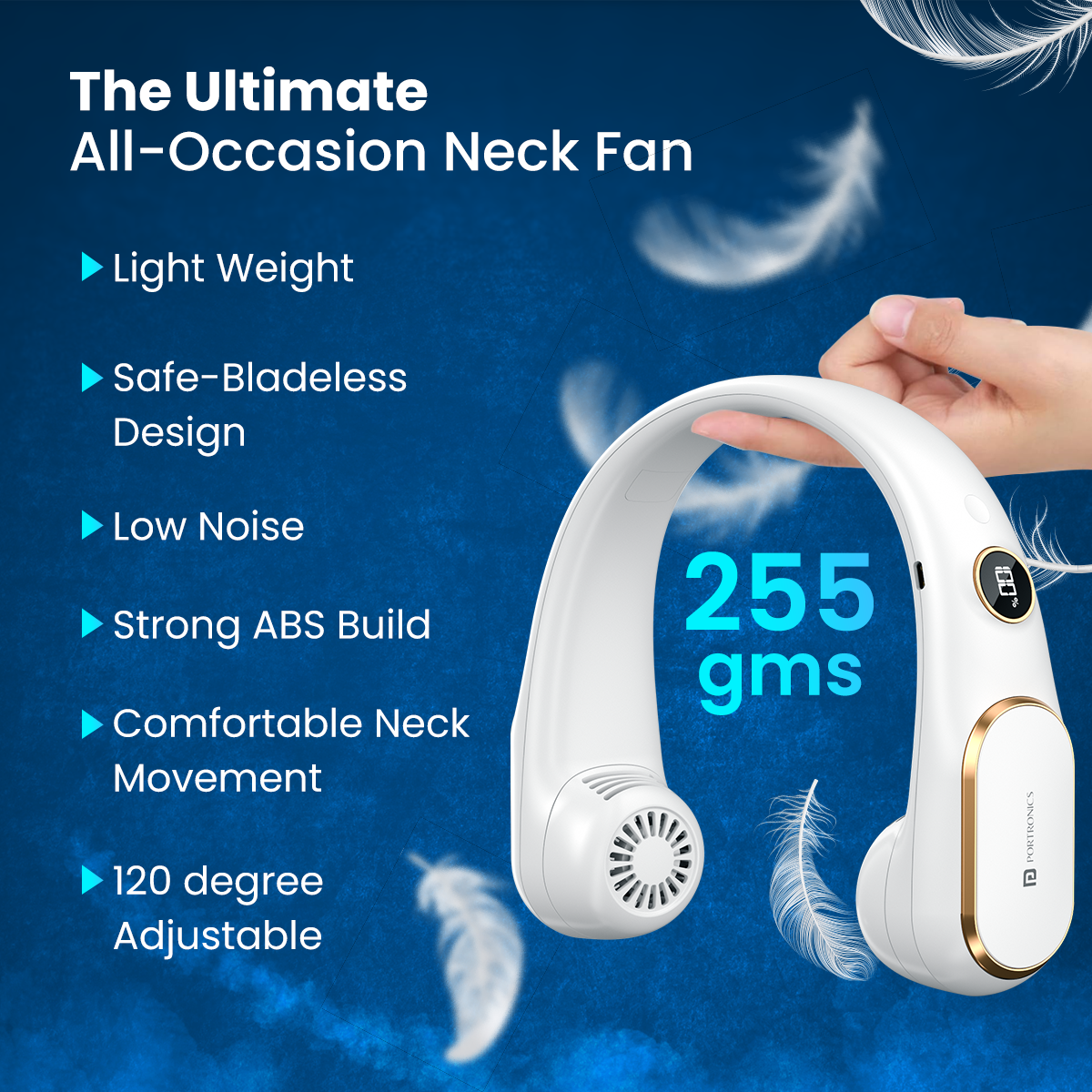 White Portronic go breeze portable 360 degree neck fan with ultimate feature| portable rechargeable fan made from eco-friendly ABS for sustainable neck cooling