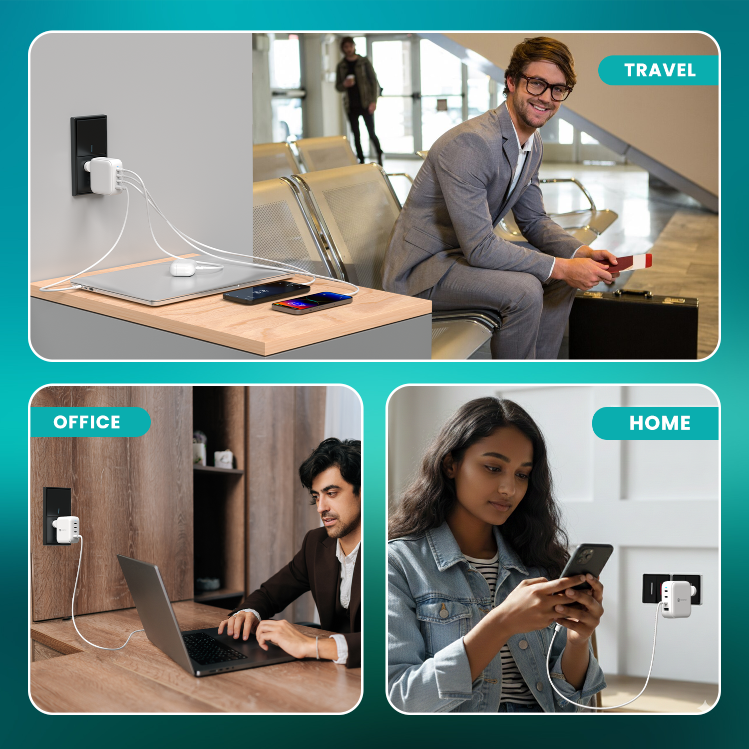 Portronics 100W Desk Charger Adapto 100 Pro with triple Type-C fast charge output and USB-A port, universal travel adapter and desktop charger hub supporting Power Delivery 3.0 and PPS protocol for safe and optimized charging