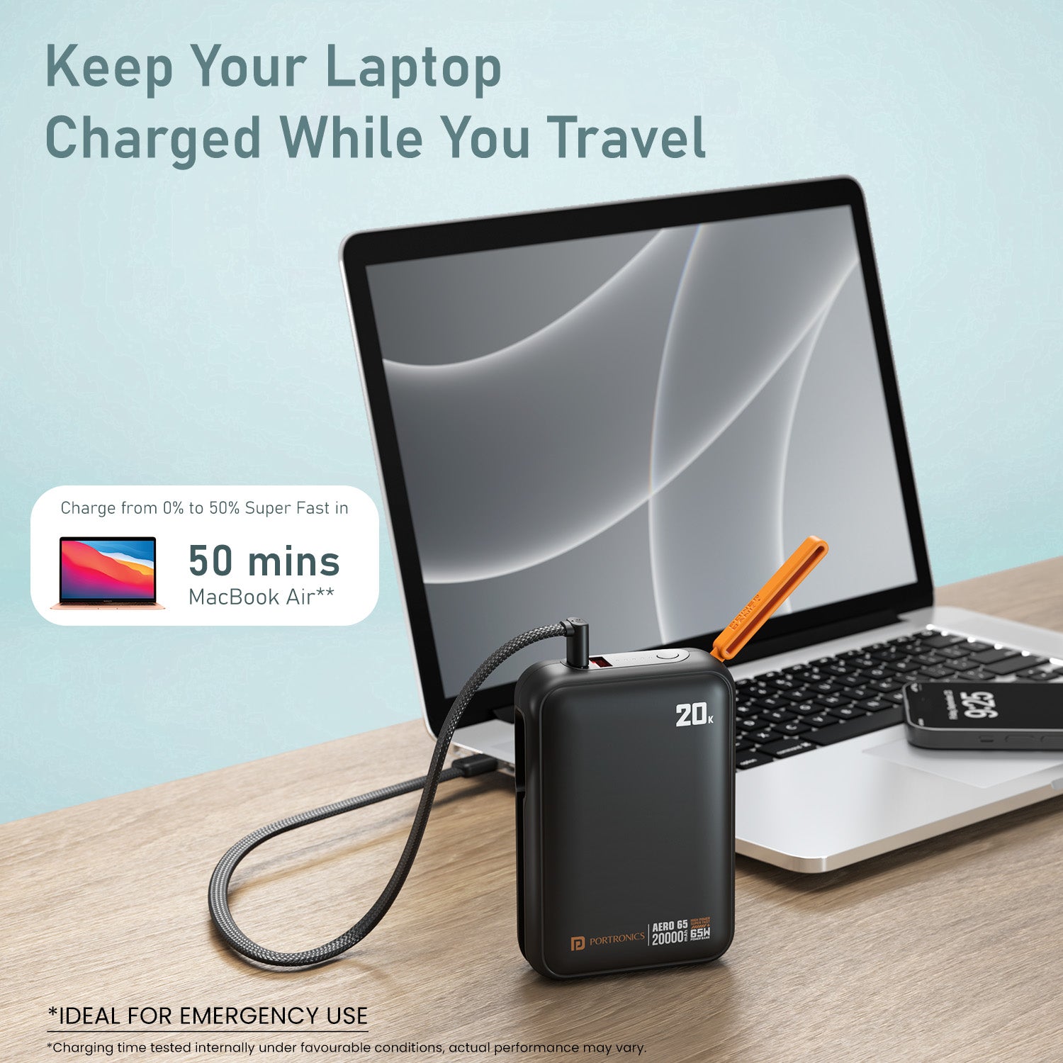 Portronics 20000 mAh Fast Charging Power Bank for laptop and pc | Built-in flat braided Type-C cable for hassle-free use | durable power bank eliminating extra wires| power bank for mobile iPhone tablet and compatible laptops