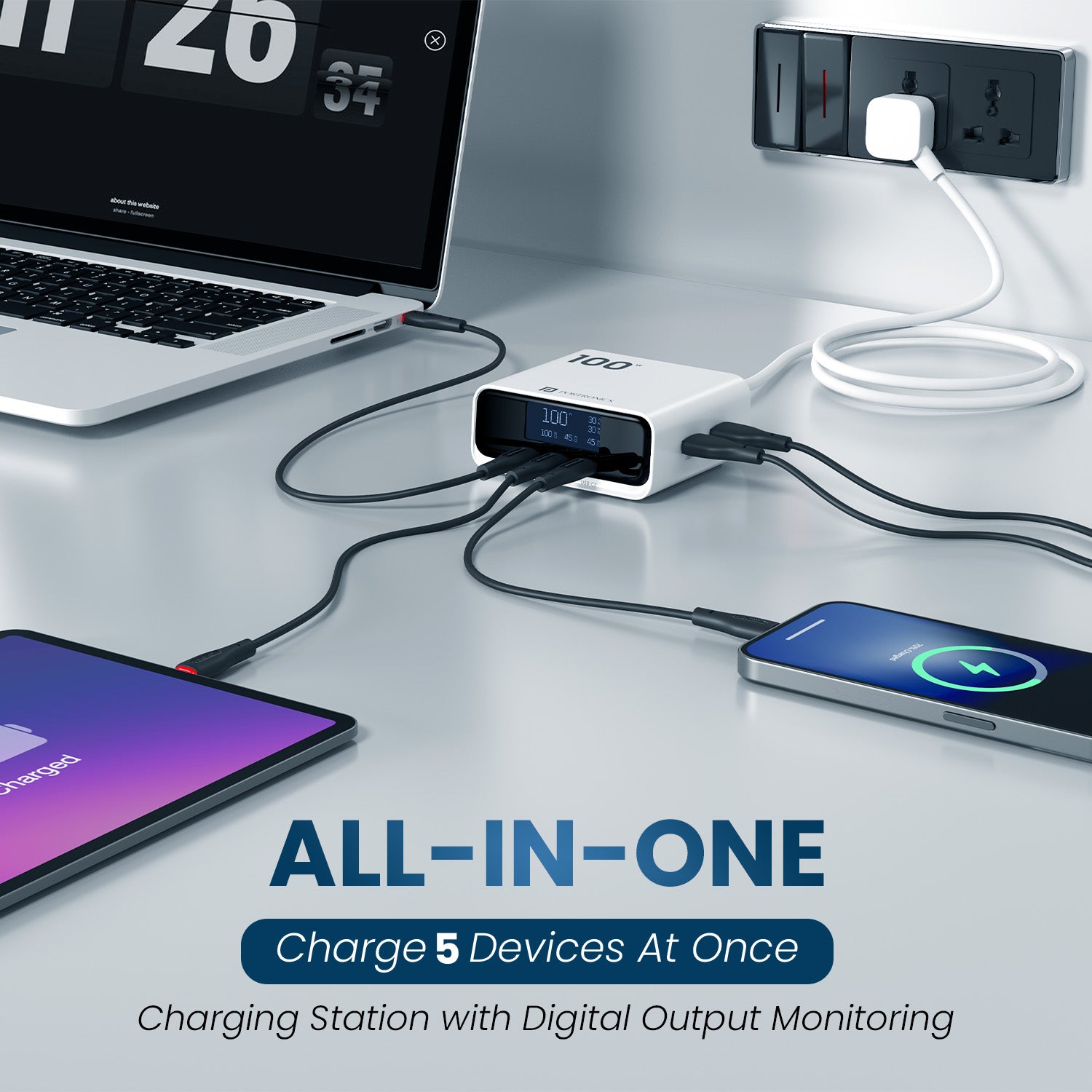 Portronics Adapto 100D Charger Hub | Multi USB charger with dual charger capability | fast charging adapter for desktop setup phones laptops and gadgets