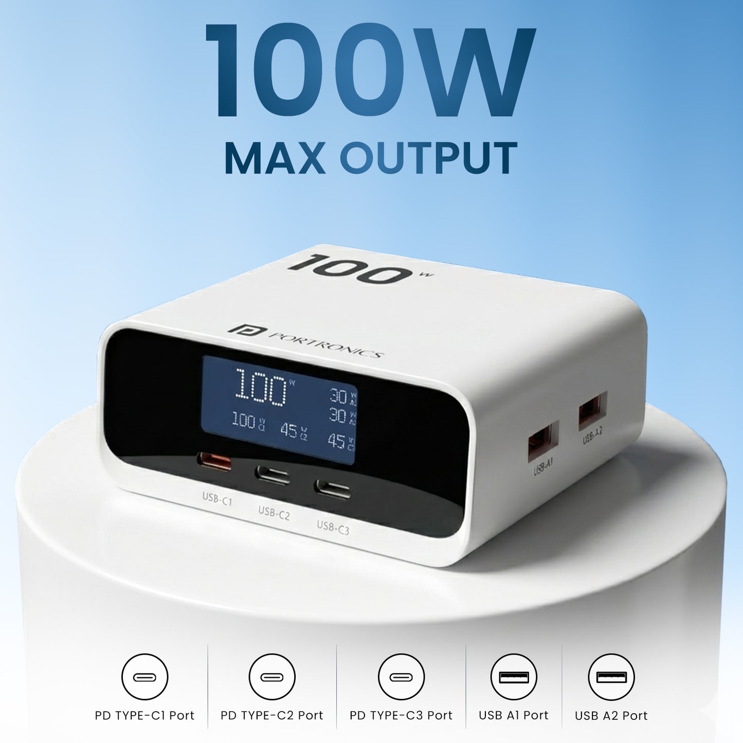 Portronics Adapto 100D Universal Type-C Charger | High-power 100W desk charger for workstations | portronics charger suitable as iphone charger laptop charger and USB charger