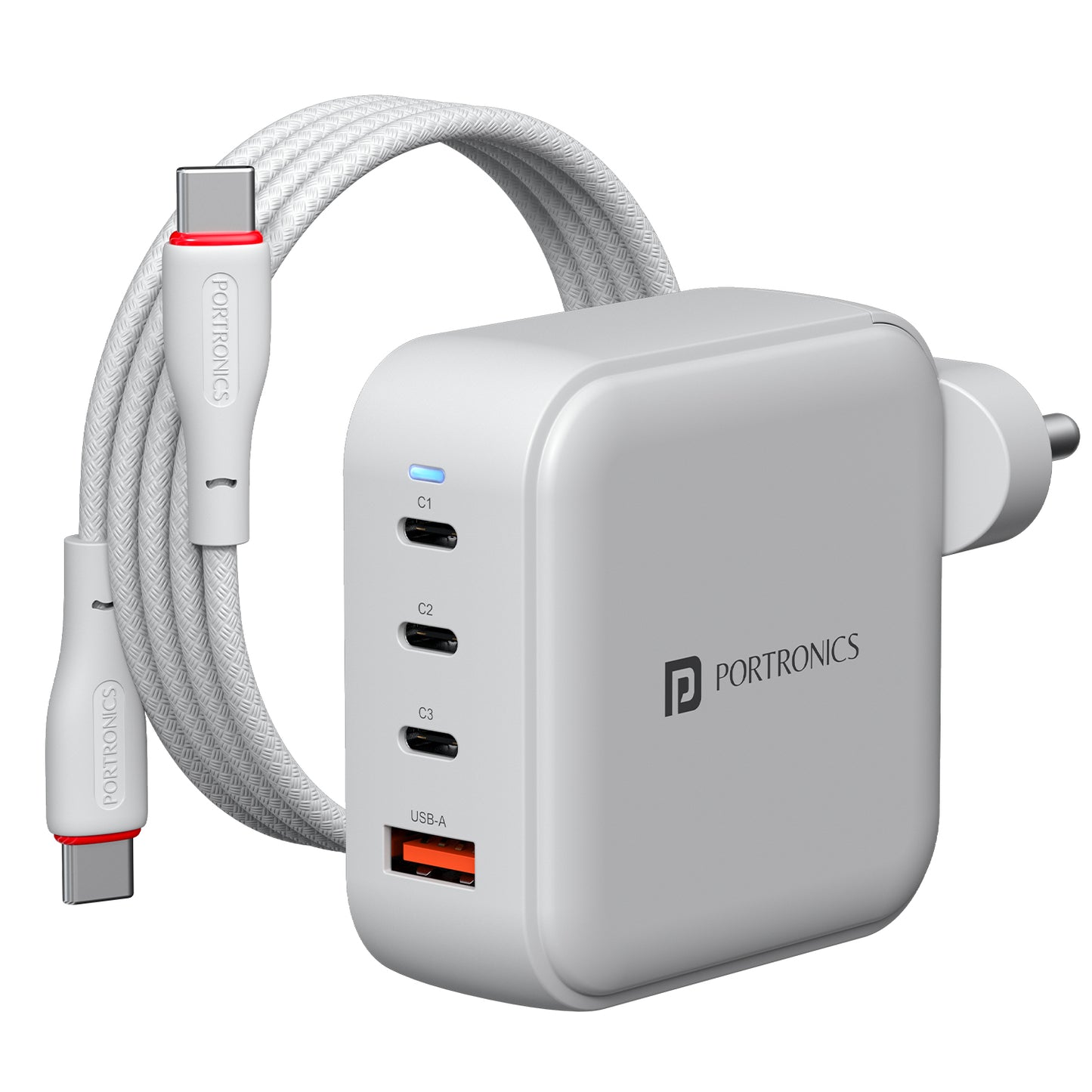 Portronics Adapto 100 Pro 100W Desk Charger with GaN technology and PPS support, featuring 3 Type-C PD ports and 1 USB-A port, multiport USB charger for laptop charger, mobile charger, and universal Type-C charger with high-efficiency power delivery and compact adapter design