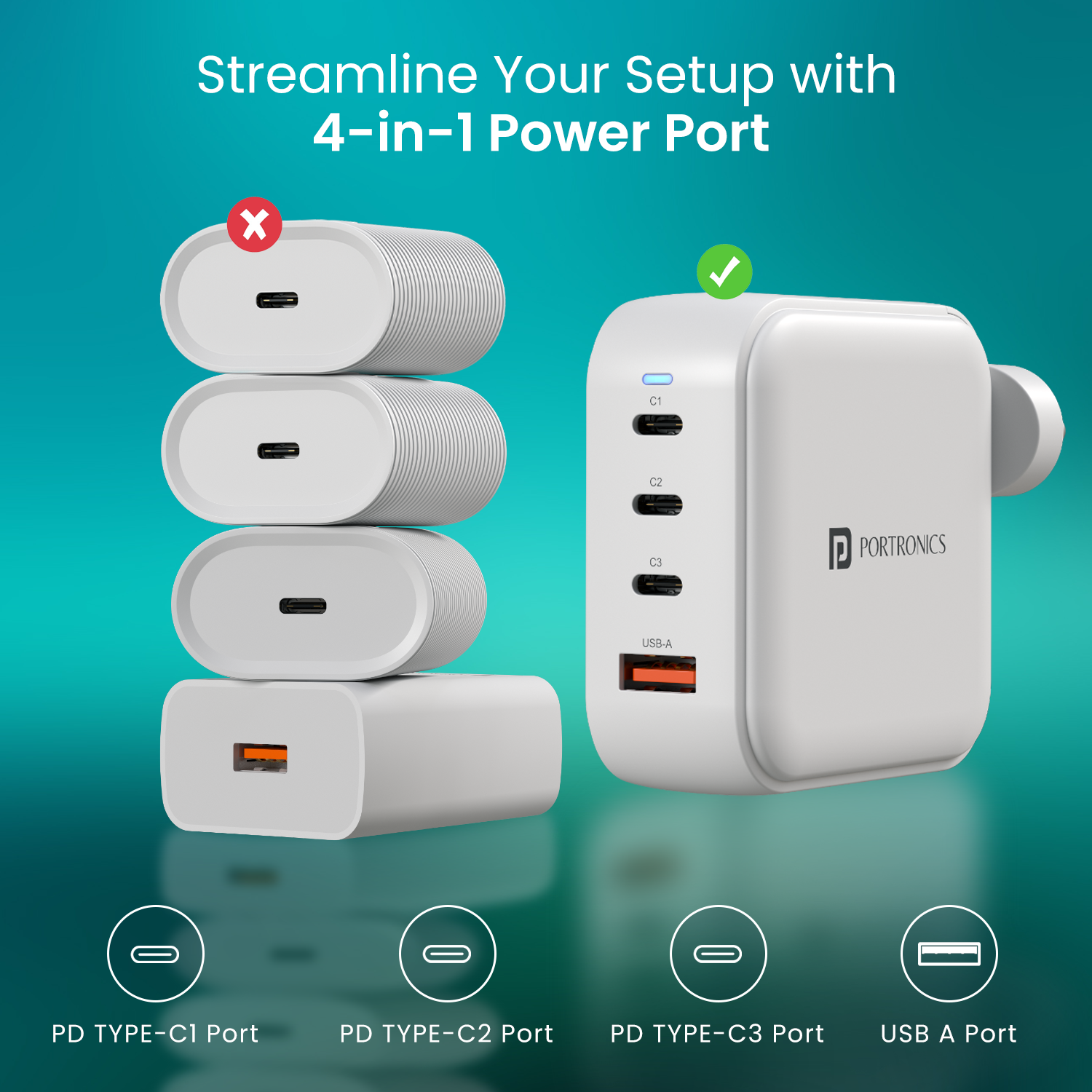 Portronics Adapto 100 Pro universal adapter and charging adaptor with 100W Power Delivery output, GaN compact build, multi charger configuration with Type C PD Charging Adaptor ports and USB-A, ideal for high-wattage devices and professional workspace setups