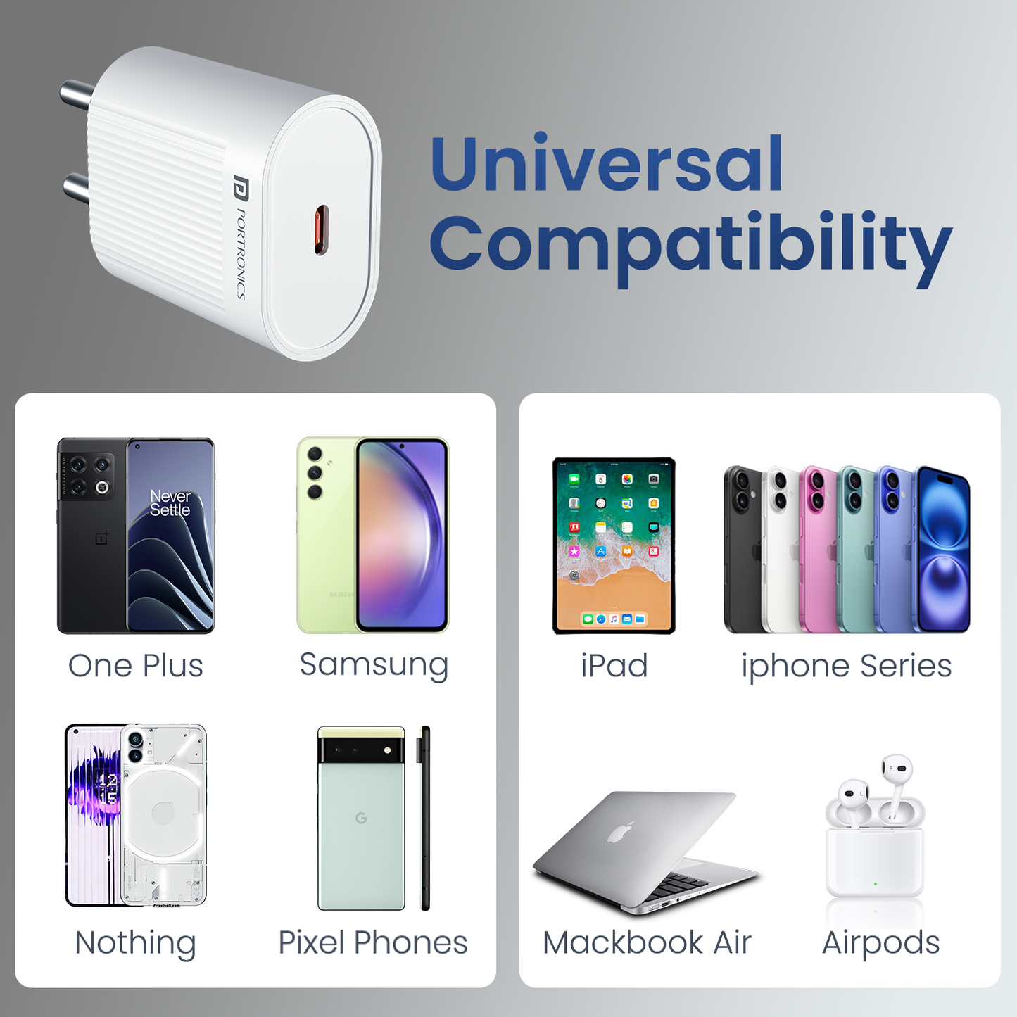 Portronics Adapto 45A Fast Charger – Multiport Type C charger with dual fast charge capability, providing reliable and efficient charging for mobile phones, tablets, and accessories while ensuring short-circuit protection.
