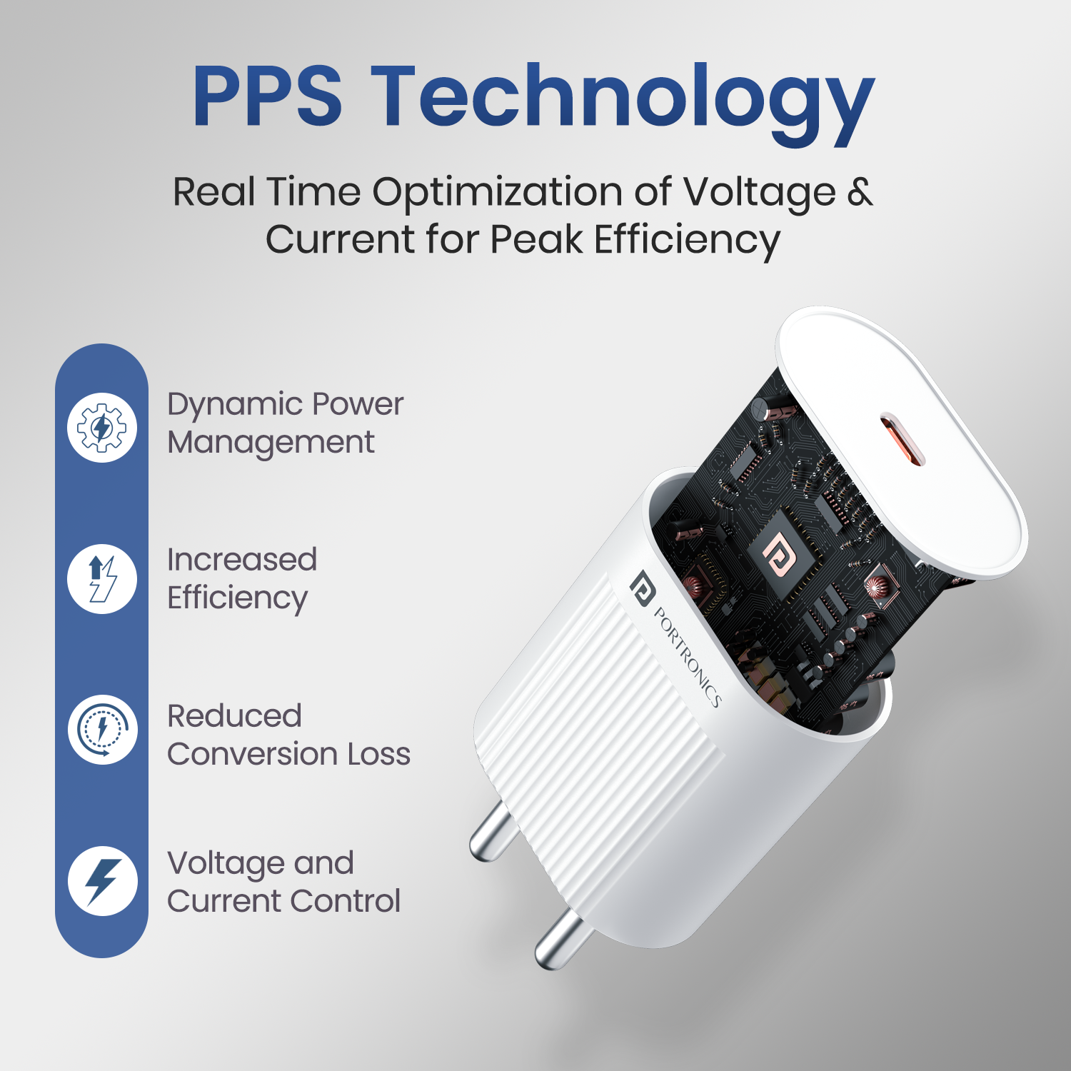 Portronics Adapto 45A Type C PD Charging Adapter – A powerful 45W charger featuring a compact, lightweight design, ideal for travel, office, and home use, supporting multiple devices including iPhones, Android phones, and USB-C laptops.