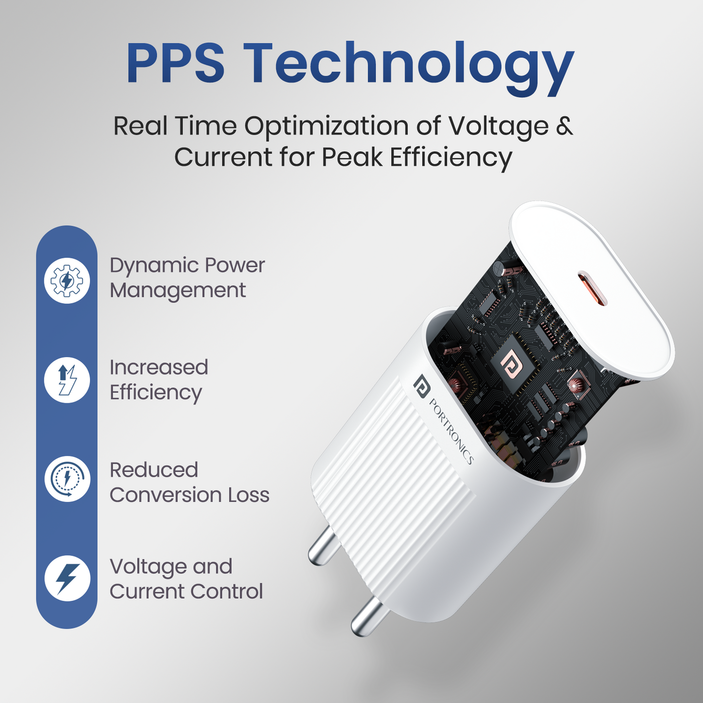 Portronics Adapto 45A Type C PD Charging Adapter – A powerful 45W charger featuring a compact, lightweight design, ideal for travel, office, and home use, supporting multiple devices including iPhones, Android phones, and USB-C laptops.